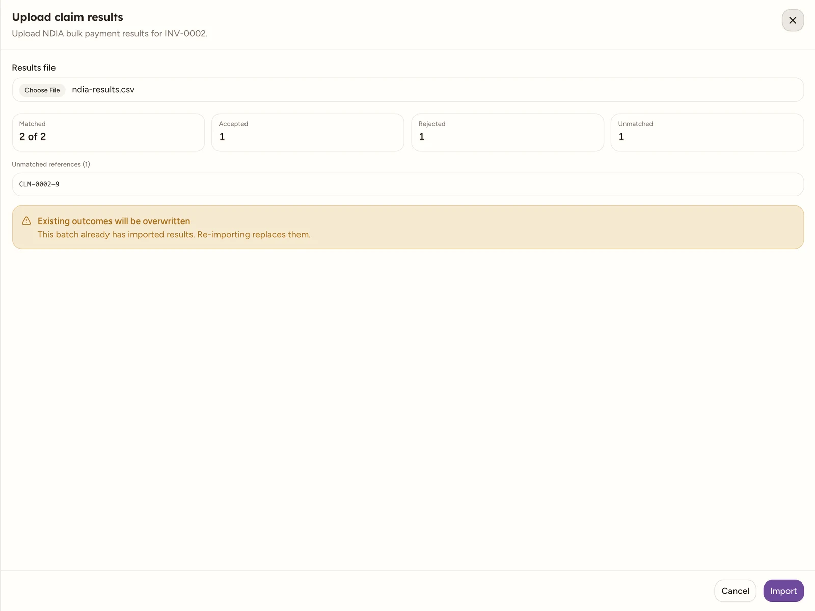 The Upload claim results drawer for an NDIA batch after a results file is chosen, showing a summary grid of Matched, Accepted, Partial, Rejected and Unmatched counts, an Unmatched references list, a warning that existing outcomes will be overwritten, and an Import button.