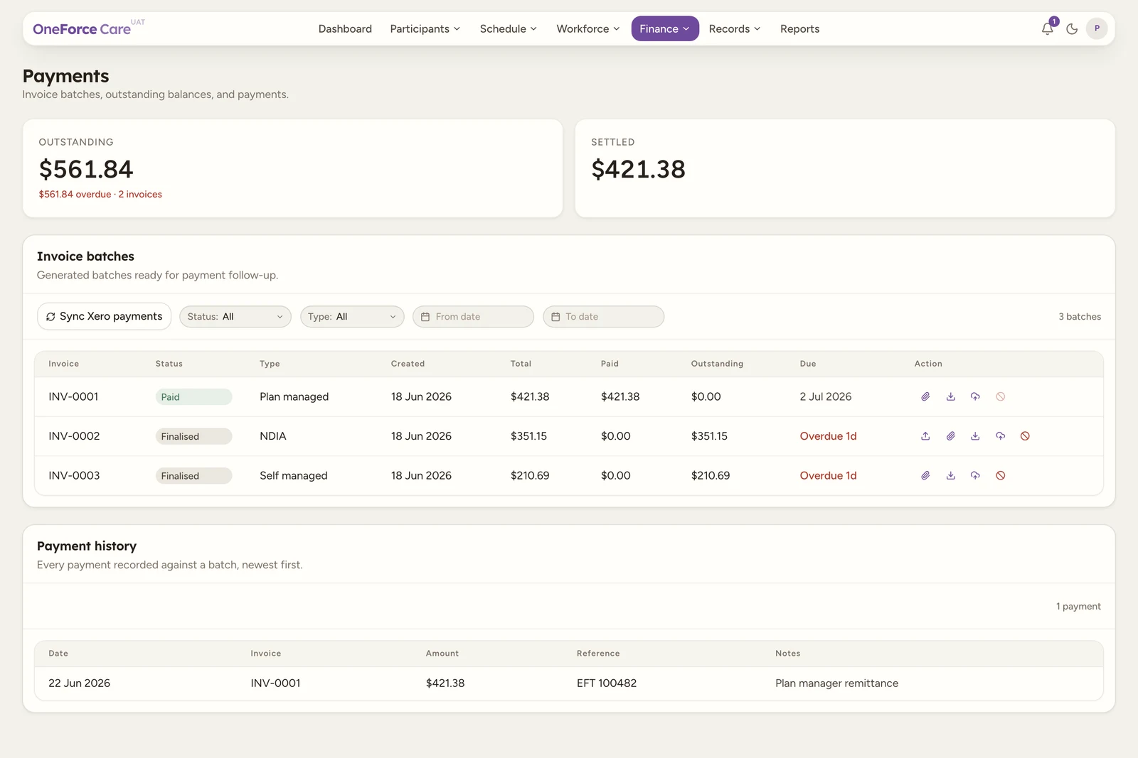 The Payments screen: Outstanding and Settled summary cards at the top, an Invoice batches table with Status, Type, From date and To date filters and per-row action icons, and a Payment history table below.
