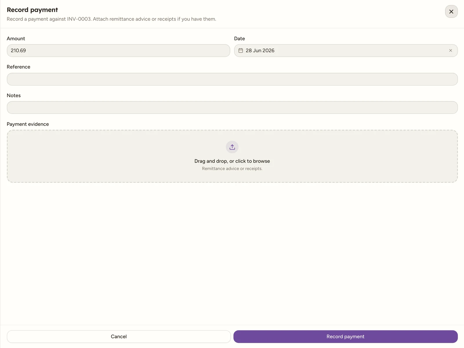 The Record payment drawer for a batch, with Amount pre-filled to the outstanding balance, a Date field defaulting to today, Reference and Notes fields, a Payment evidence dropzone, and a Record payment button.