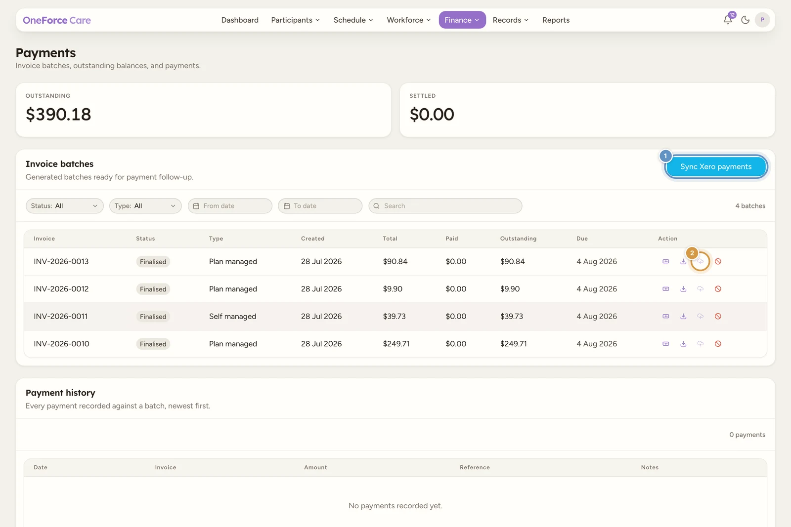 The Payments screen once Xero is connected: a Sync Xero payments button in the Invoice batches panel header, and a cloud-upload Push to Xero icon in the Action column of each row.
