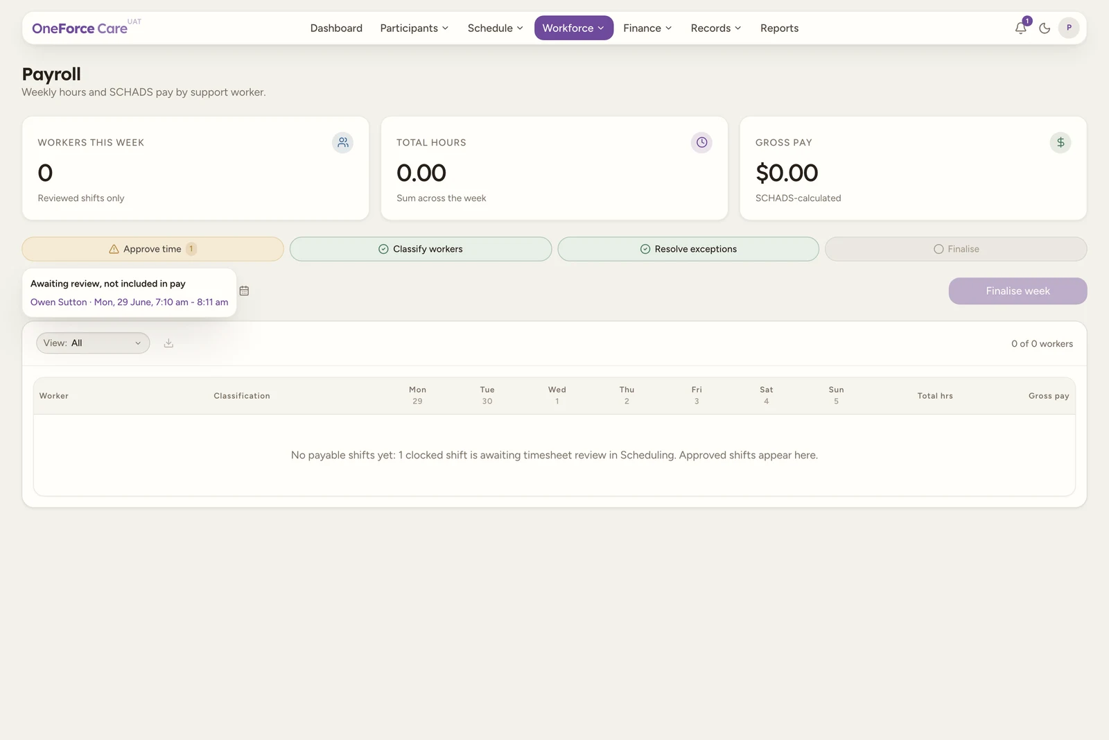 The four-pill pay-run checklist with Approve time in its attention state and its popup open, listing unreviewed shifts by worker name and time with a link to open each one for review.