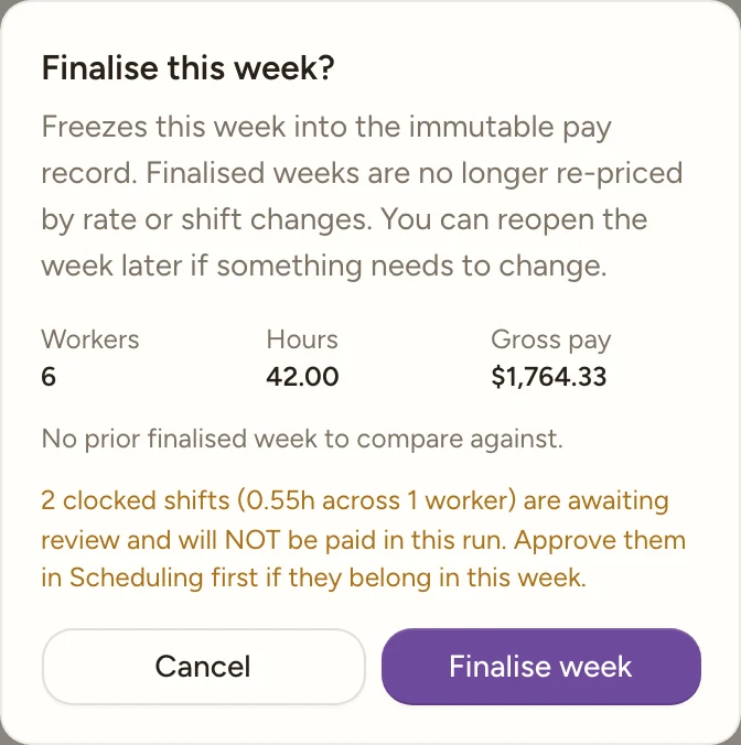 The Finalise this week? confirm dialog showing the Workers, Hours and Gross pay totals, the percentage variance against the last finalised week, and an amber warnings list of what the run leaves out.