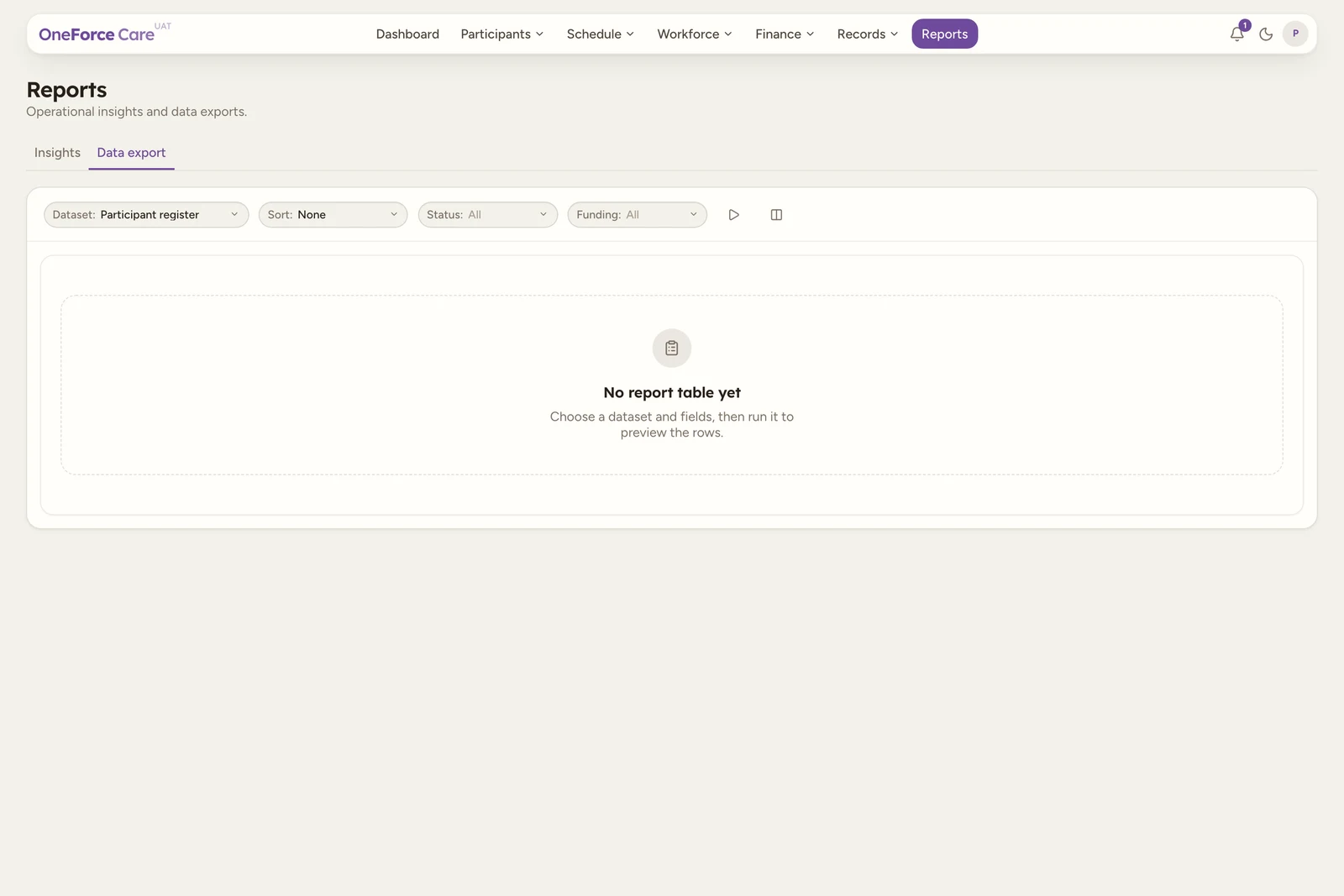 The Reports Data export tab with a Dataset picker set to Participant register, a Sort dropdown, Status and Funding quick filters, a Run table play icon and a Fields columns icon above the empty table panel.