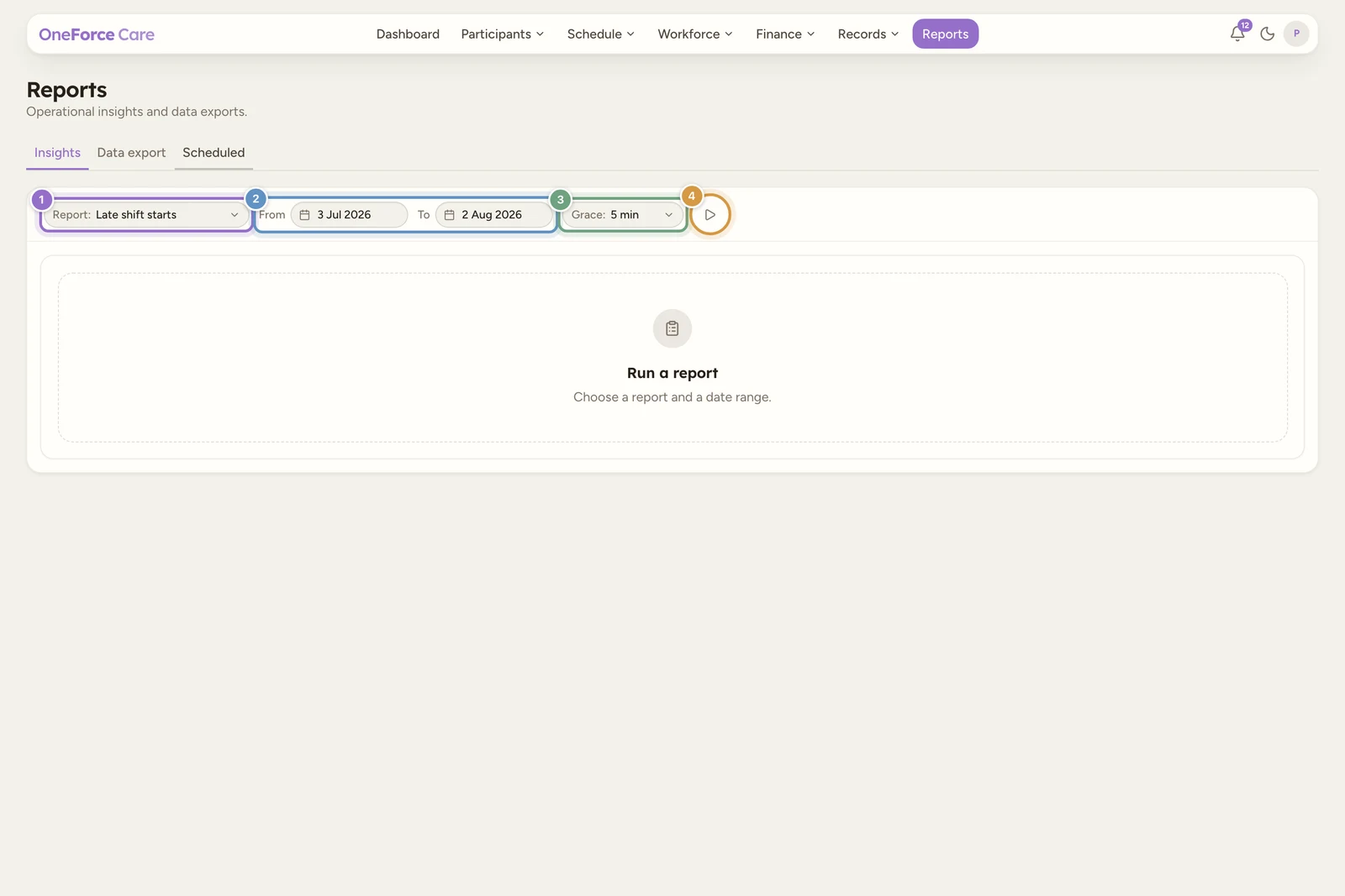The Reports Insights tab with a Report picker, From and To date pickers, a Grace parameter dropdown and a Run play icon in a filter row above the empty result panel.
