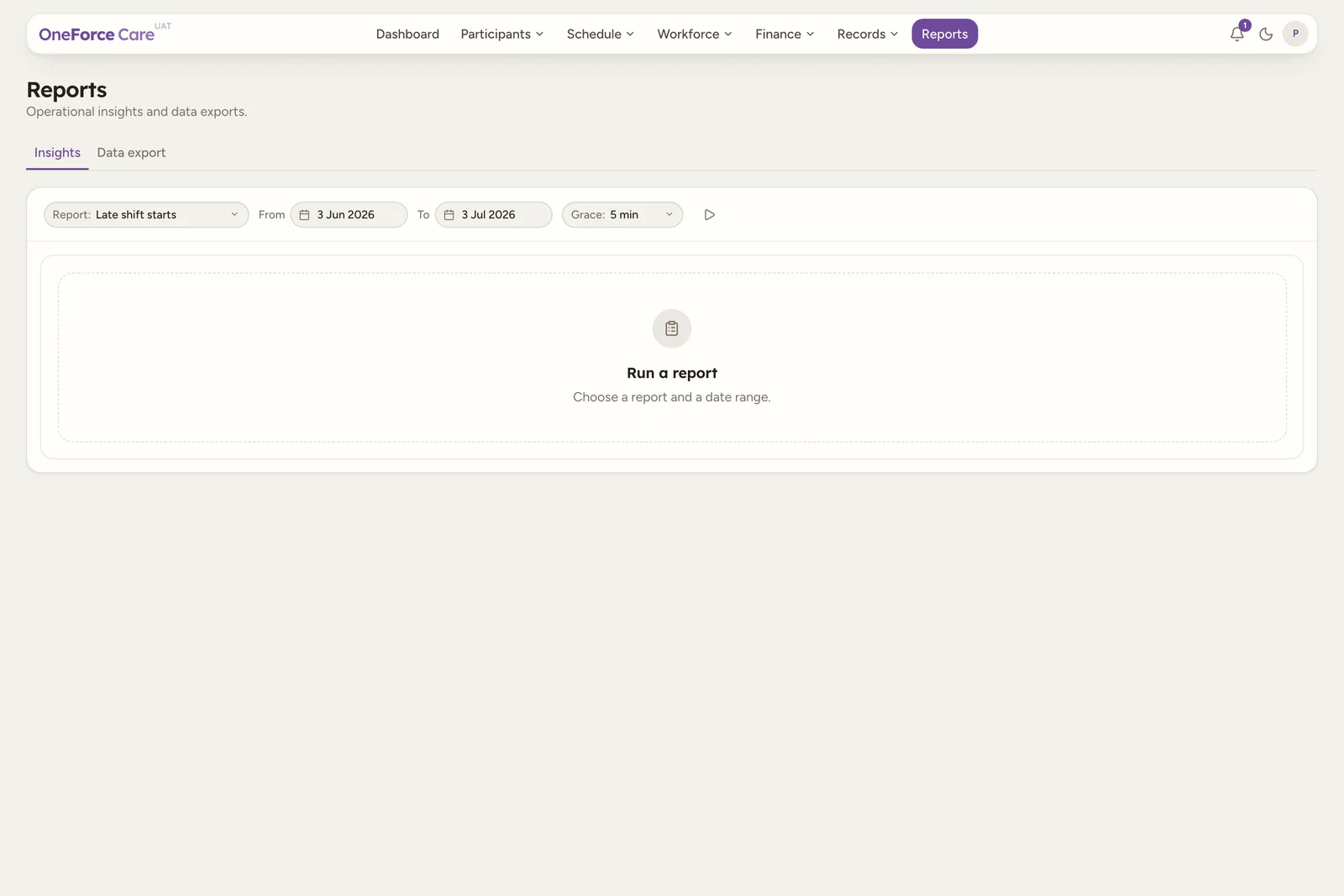The Reports page on the Insights tab, with a Report picker set to Late shift starts, From and To date pickers, a Grace parameter, a Run play icon, and a Run a report empty state below.