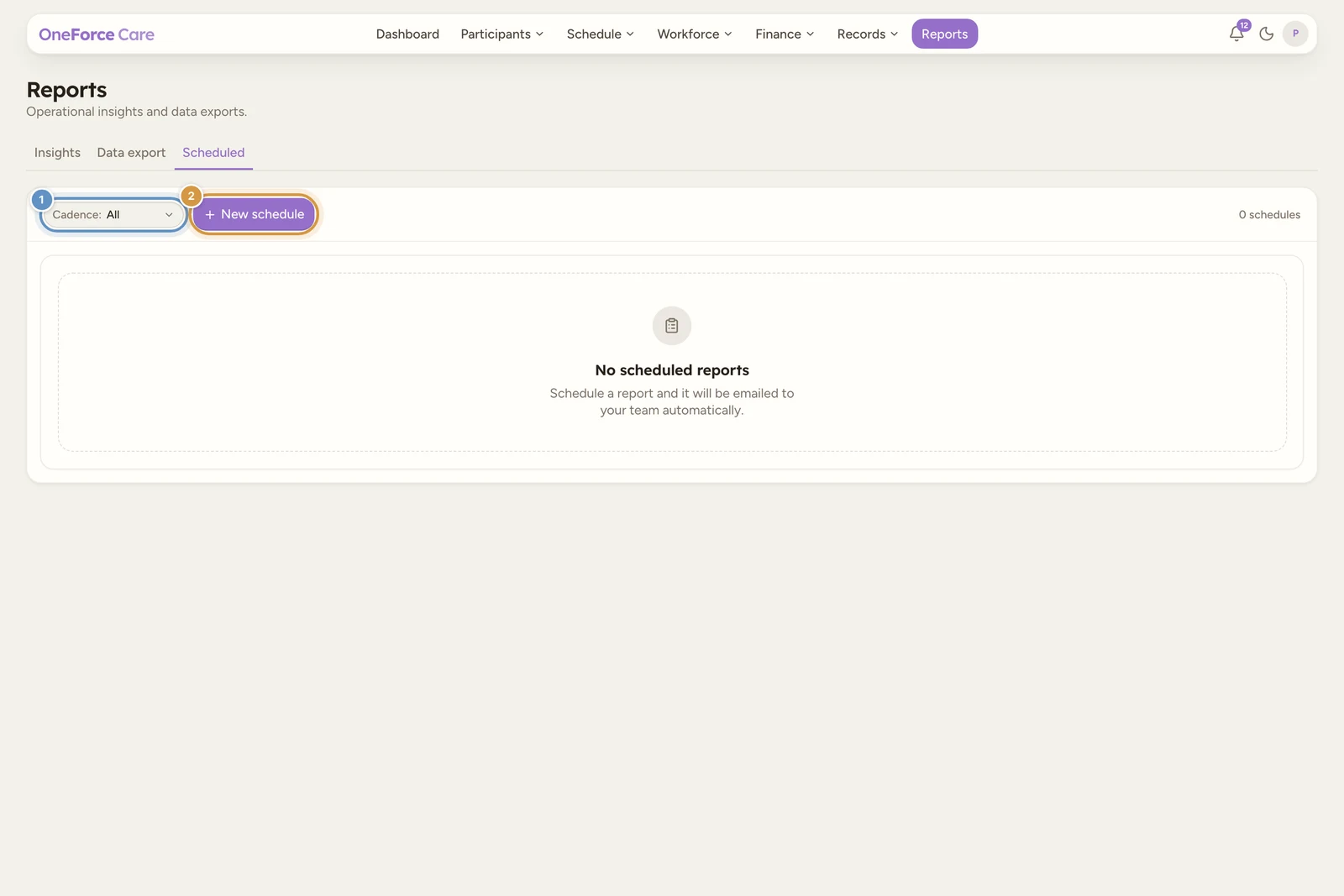 The Reports Scheduled tab with a Cadence filter set to All, a New schedule button, a schedule count at the right, and a No scheduled reports empty state.