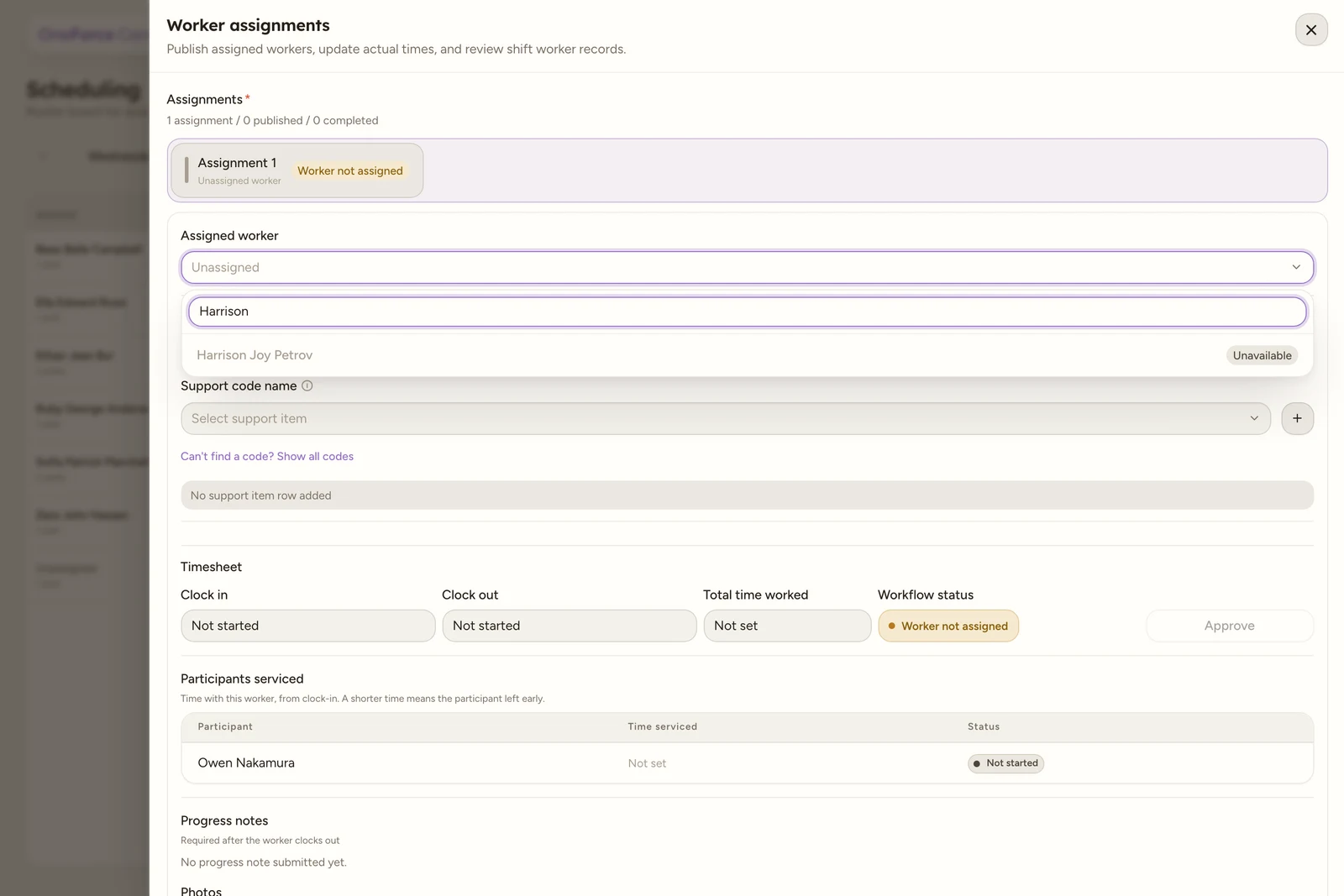 The Assigned worker picker open with Harrison typed into its search box, leaving one result: Harrison Joy Petrov, greyed out and tagged with an Unavailable badge.