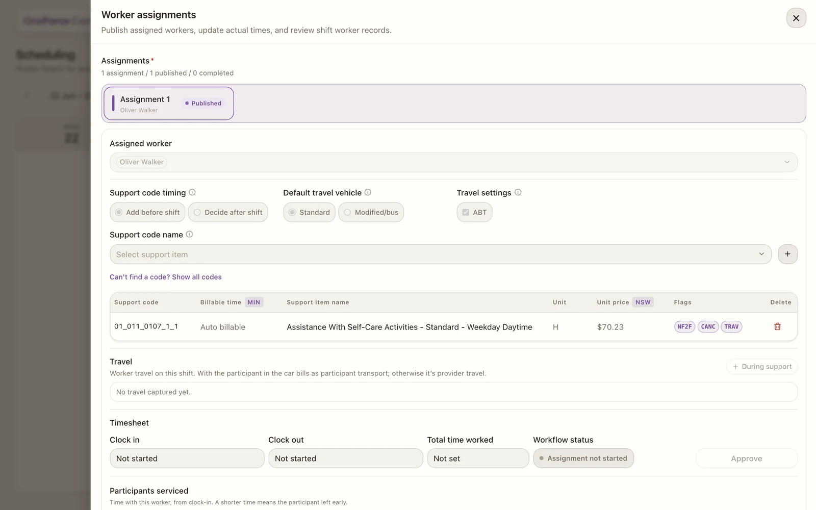The manage assignments drawer with a worker picker per slot, compliance and availability indicators, and a Publish action.