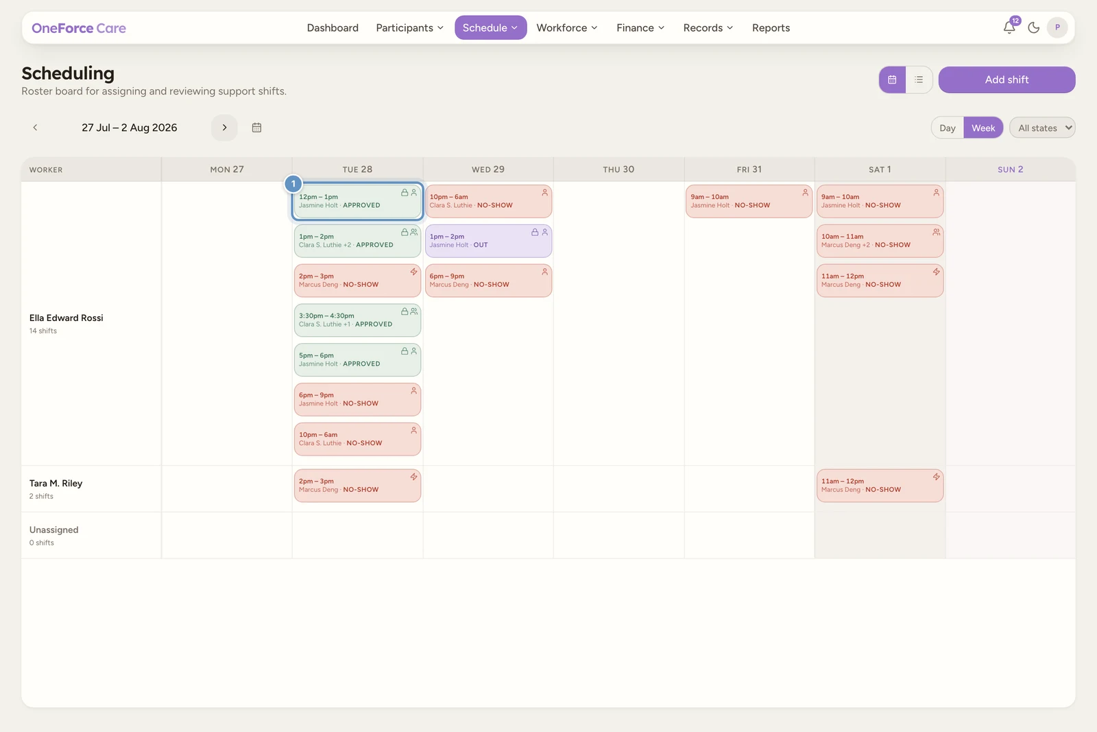 The Scheduling Planner in Week view with shift chips, each showing its status label at the bottom, for example APPROVED and NO-SHOW.