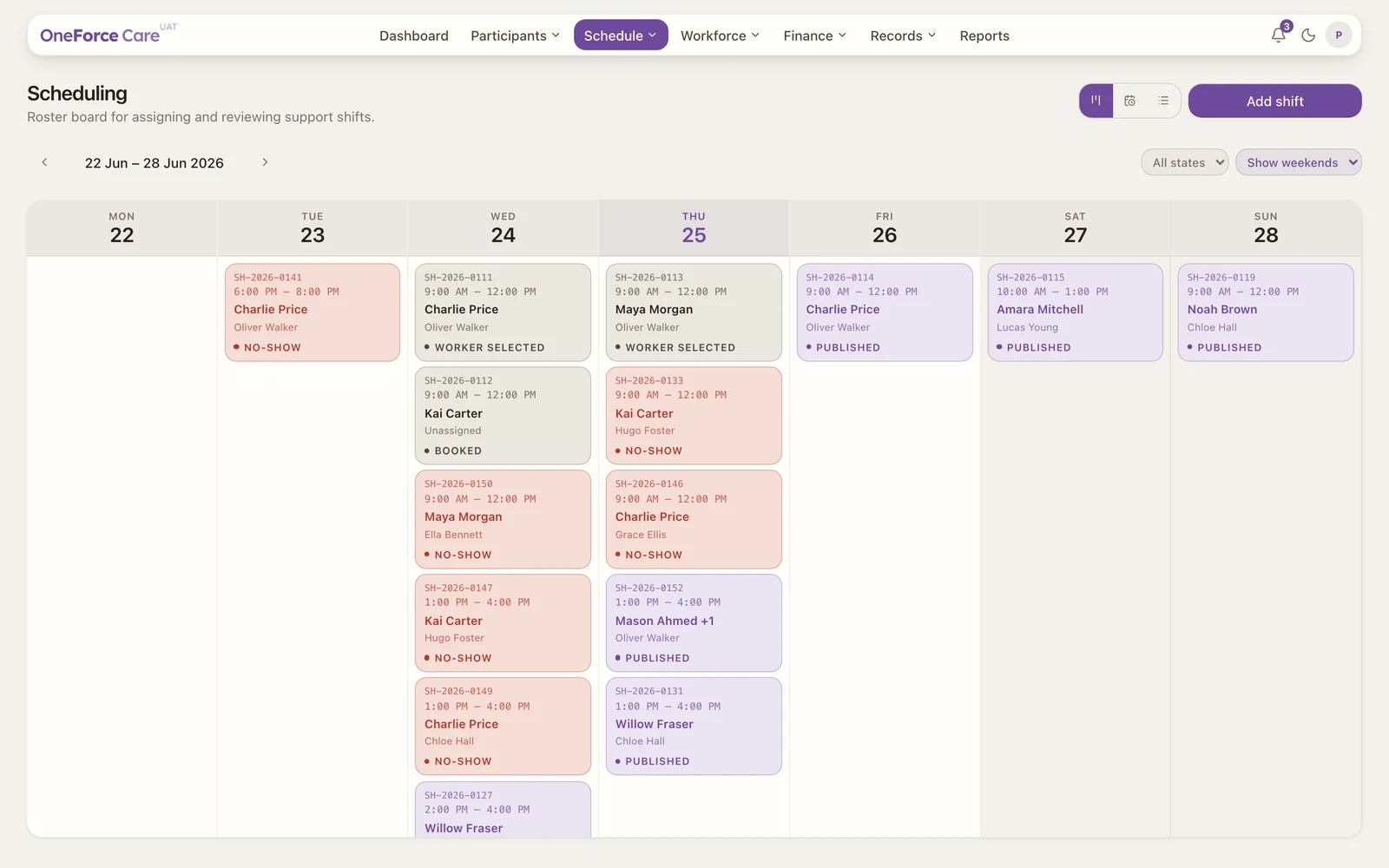 The scheduling board, a Monday to Sunday grid with shift cards under each day, plus the view toggle and Add shift button.