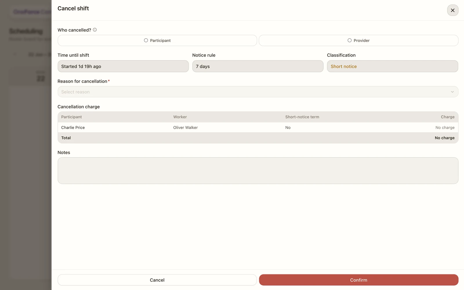 The cancel-shift drawer with the party, reason, notice assessment, charge preview and attestation checkboxes.