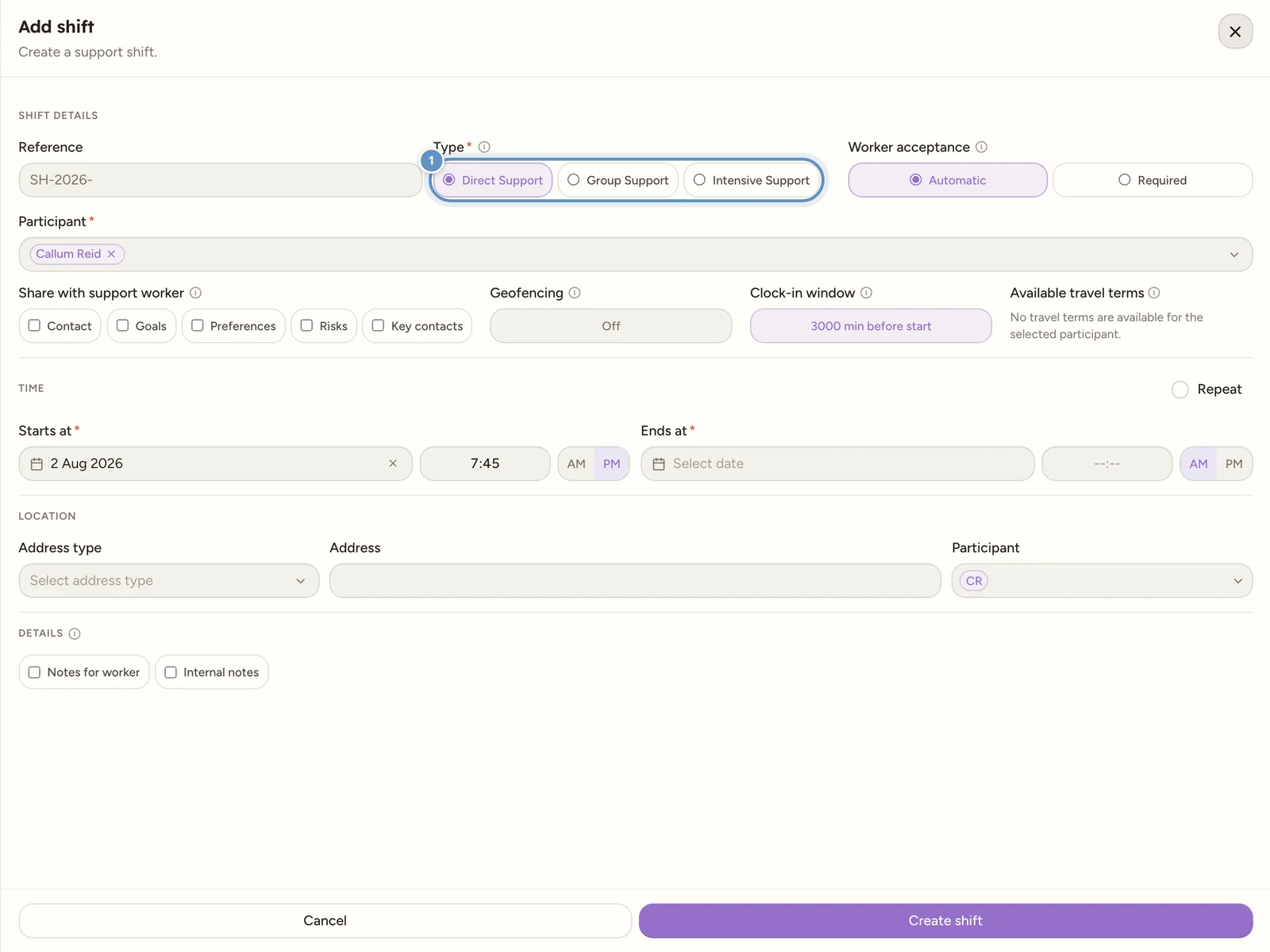 The Type field on the Add shift form, a row of three pills: Direct Support selected, Group Support and Intensive Support.