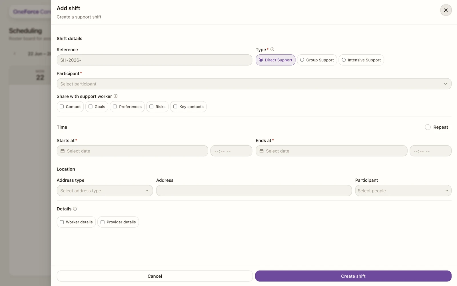 The create-shift drawer with type, participant, time, support, location and recurrence fields.