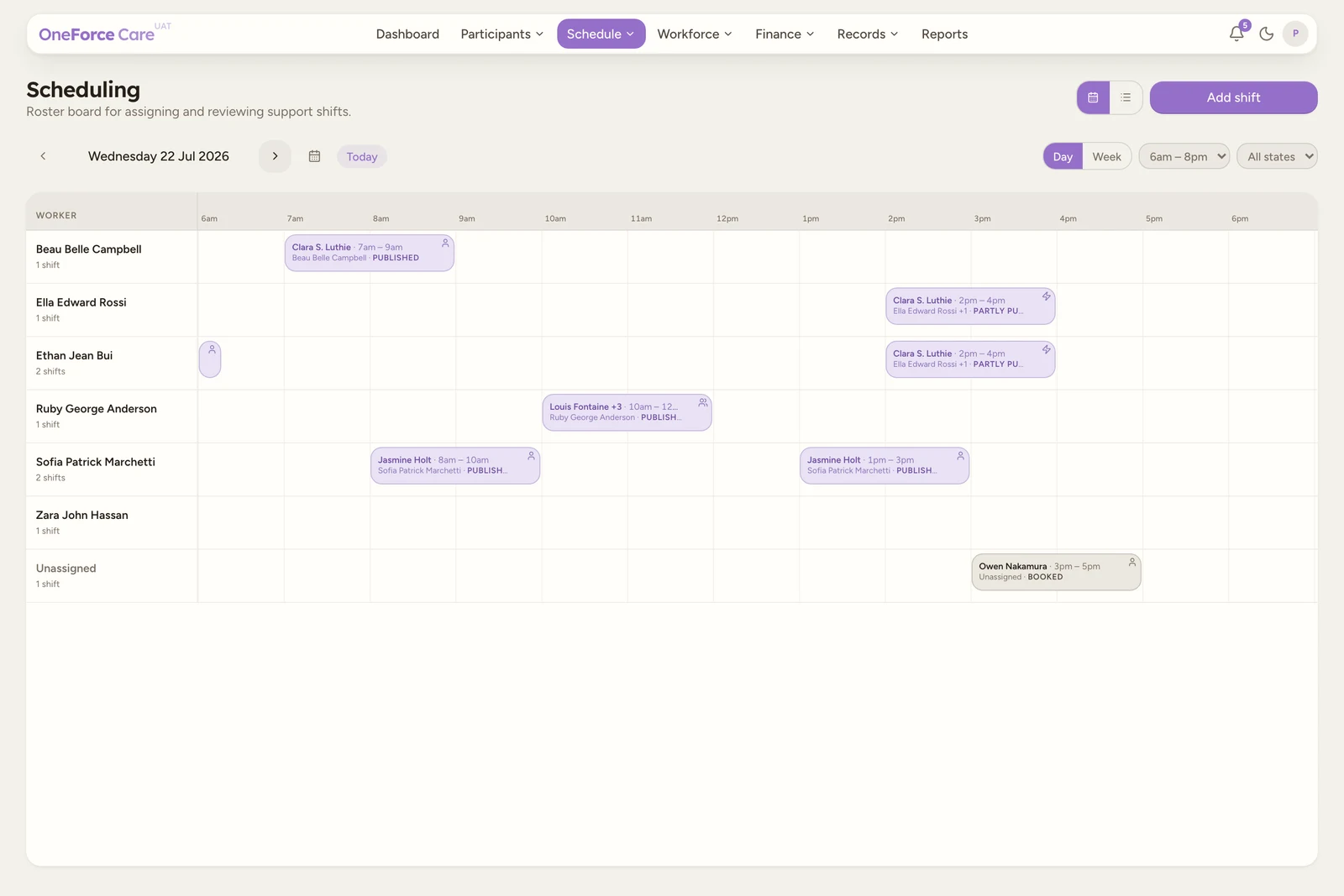 A Planner chip for a multi-worker shift showing the status PARTLY PUBLISHED, where one assigned worker is published and another is not yet.