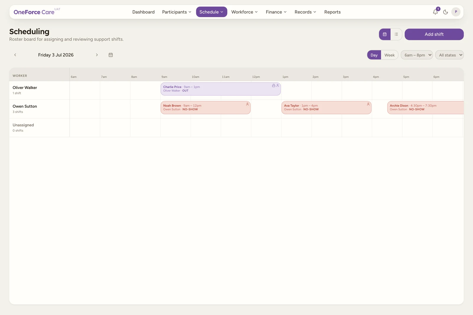 The Scheduling Planner in Day mode, one worker per horizontal row with an hour-by-hour timeline across the top, a shift chip on one worker's row, and the Unassigned row at the bottom.