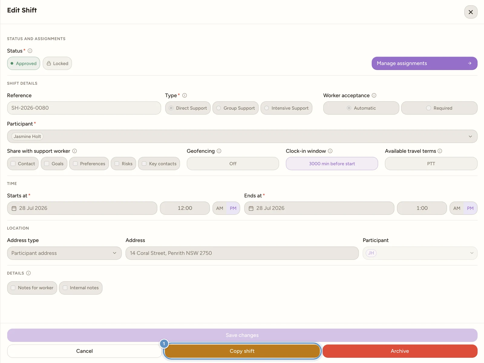 The Edit Shift drawer with its footer showing the Save changes, Cancel, Copy shift and Archive buttons.