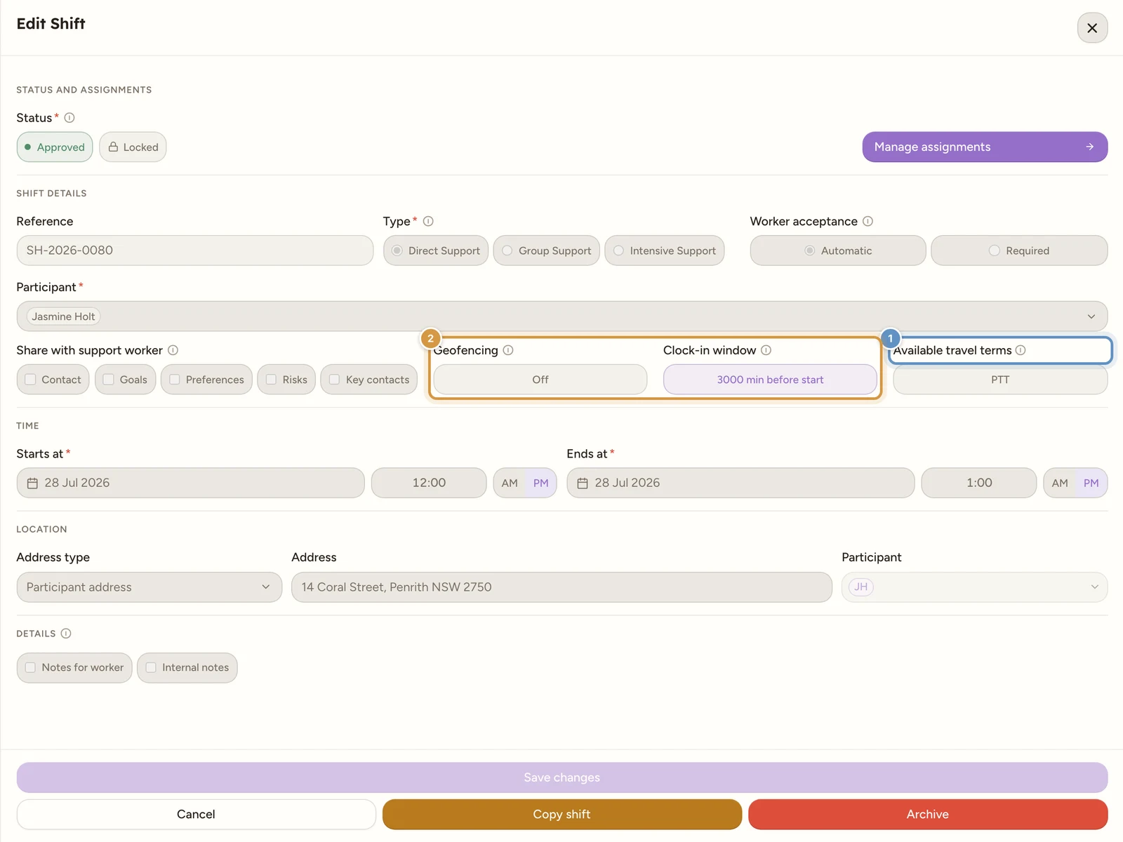 The Edit Shift drawer showing the read-only row in the Shift details section: Geofencing, Clock-in window and Available travel terms, all inherited rather than set on the shift.