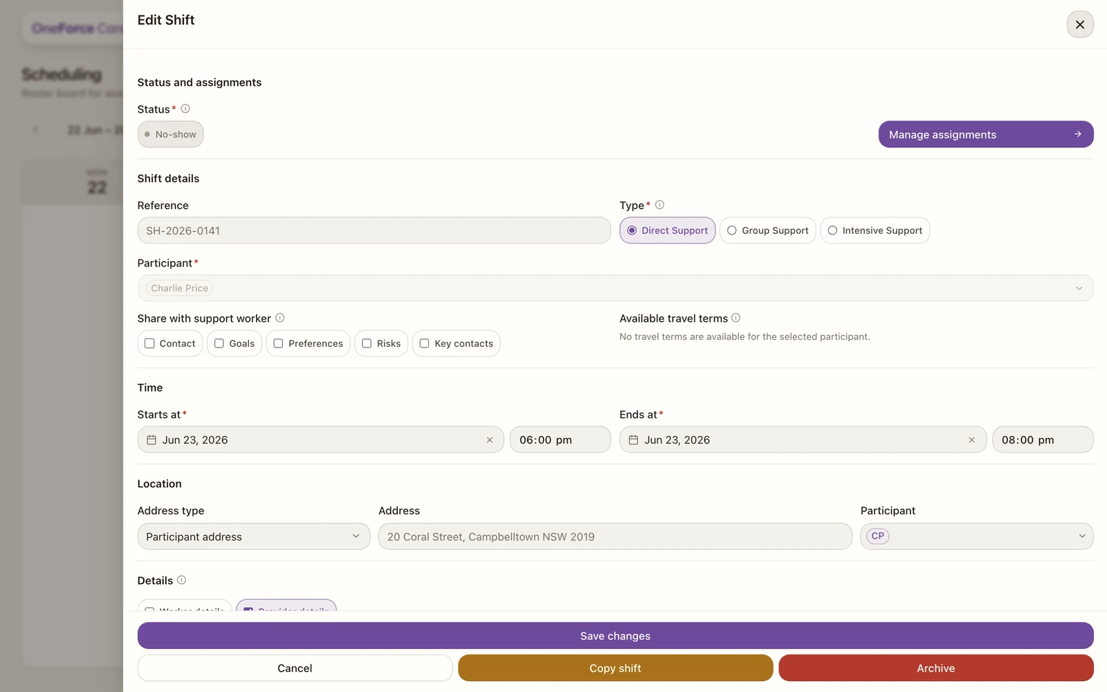 A shift detail showing its status pill and the assigned worker.