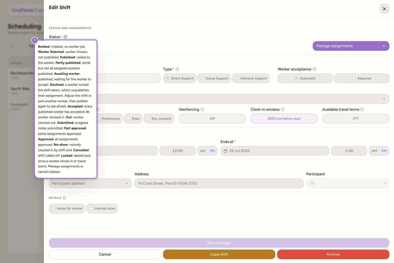The Edit Shift drawer with the Status field label, an info icon beside it, and its hover legend open explaining each status from Booked through Approved, including Awaiting worker, Declined and Accepted, plus No-show, Cancelled and Locked.