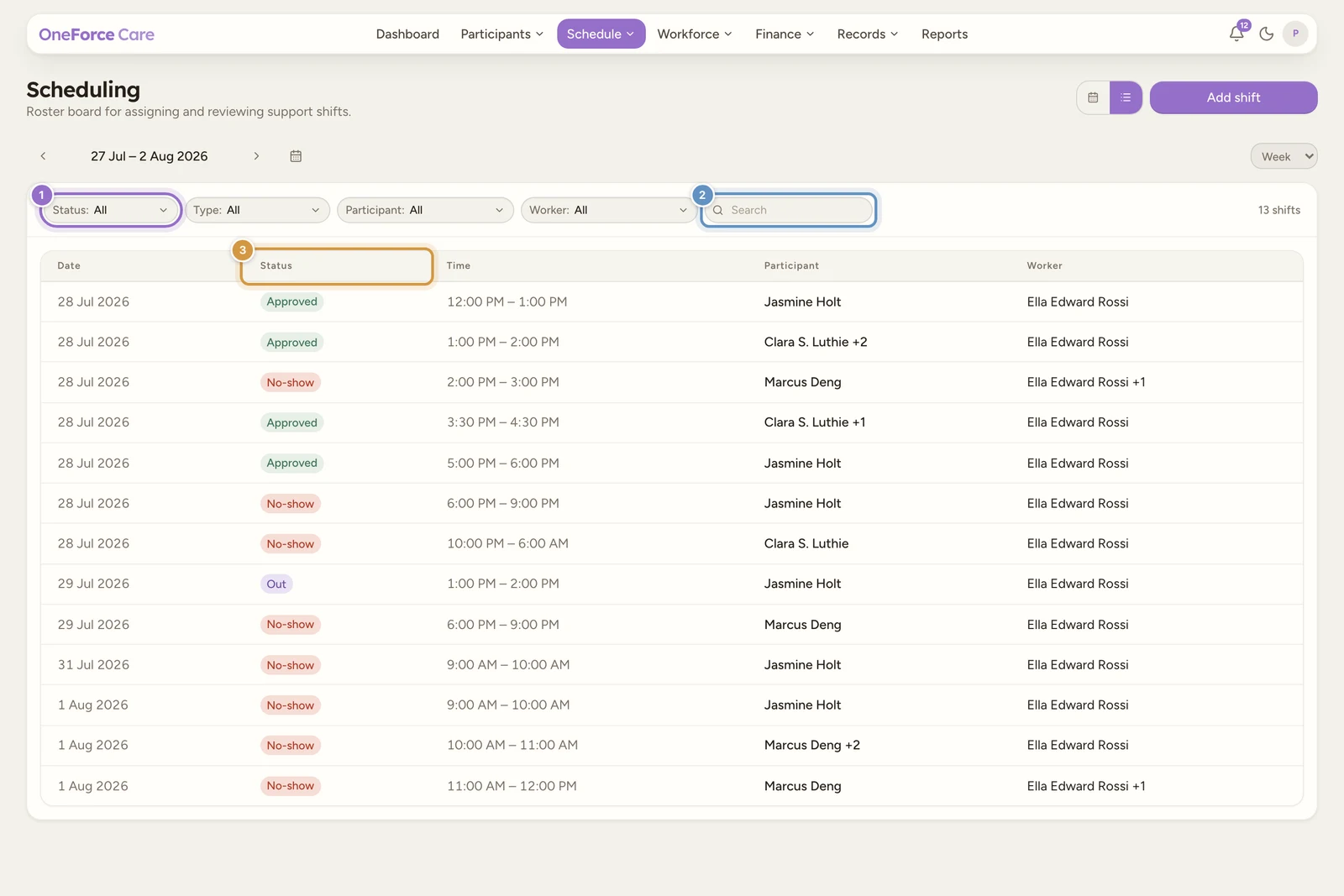 The Scheduling Table view for the week of 27 July to 2 August 2026, with Status, Type, Participant and Worker filters and a Search box above a table of Date, Status, Time, Participant and Worker columns.
