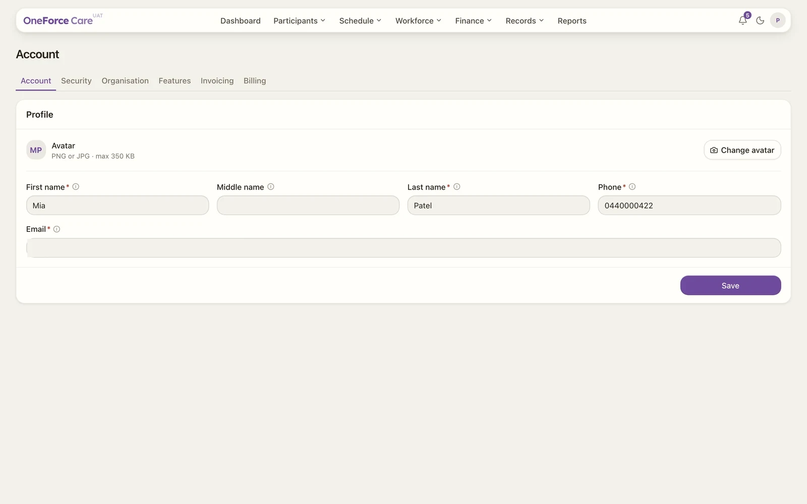 The Account area with tabs for Account, Security, Organisation, Invoicing and Features.