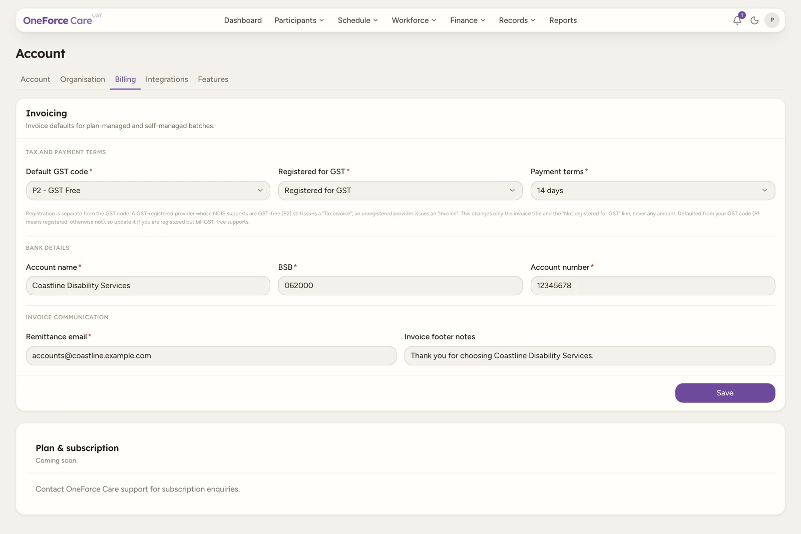 The Billing tab with the Invoicing card (Tax and payment terms, Bank details, Invoice communication) and Save button, plus the Plan & subscription card underneath.