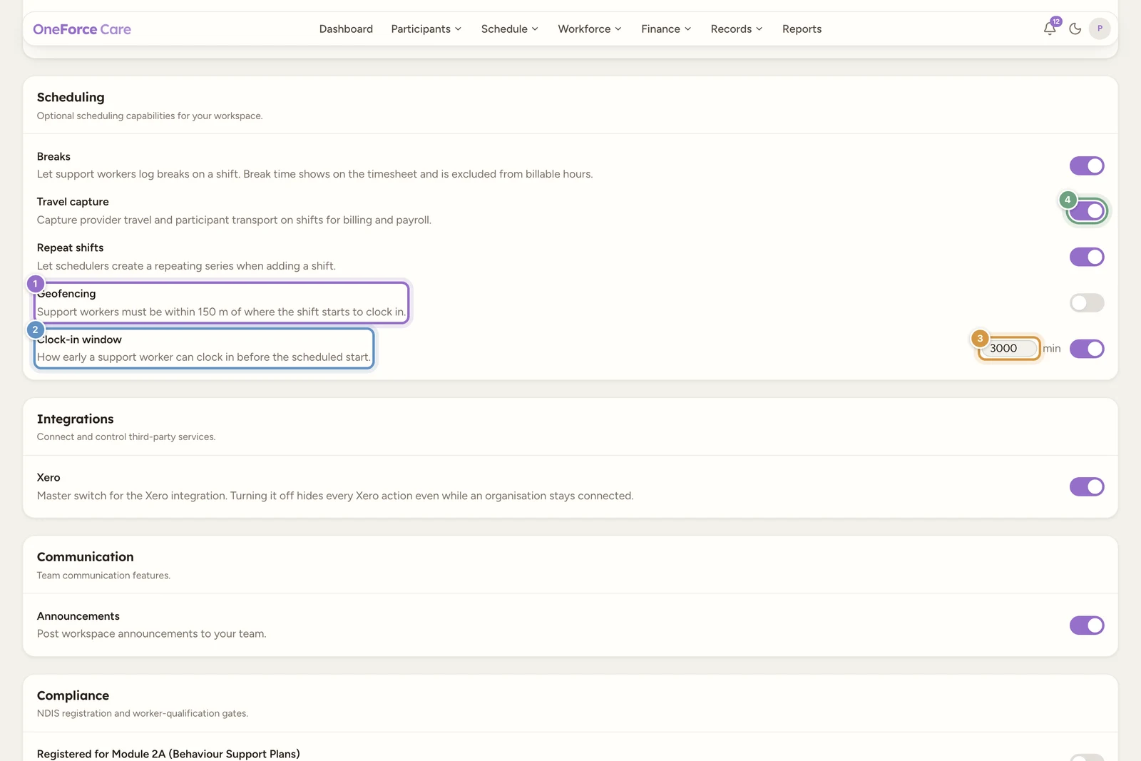 The Features tab scrolled to the Scheduling card, with Breaks, Travel capture and Repeat shifts switched on, Geofencing switched off, and the Clock-in window toggle carrying a minutes box reading 3000 before its switch. The Integrations card (Xero) and Communication card (Announcements) sit below it, with the top of the Compliance card just in frame.