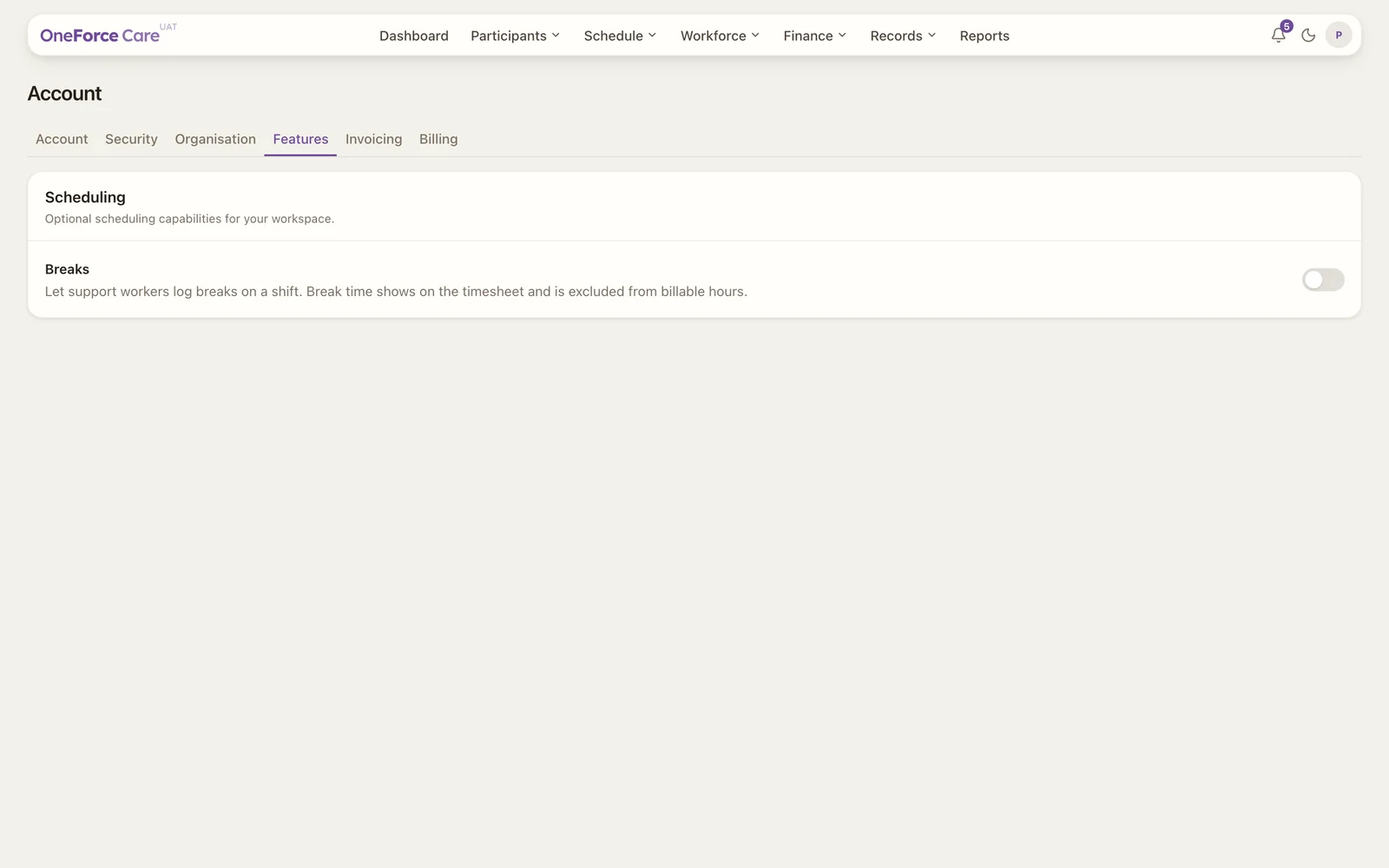 The Features tab with optional workspace capabilities to toggle on or off.
