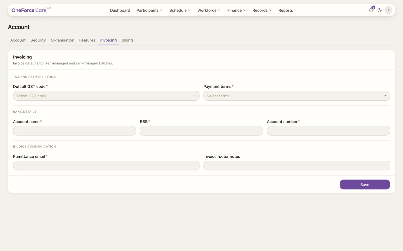 The Invoicing settings tab with GST code, payment terms, bank details and remittance email.