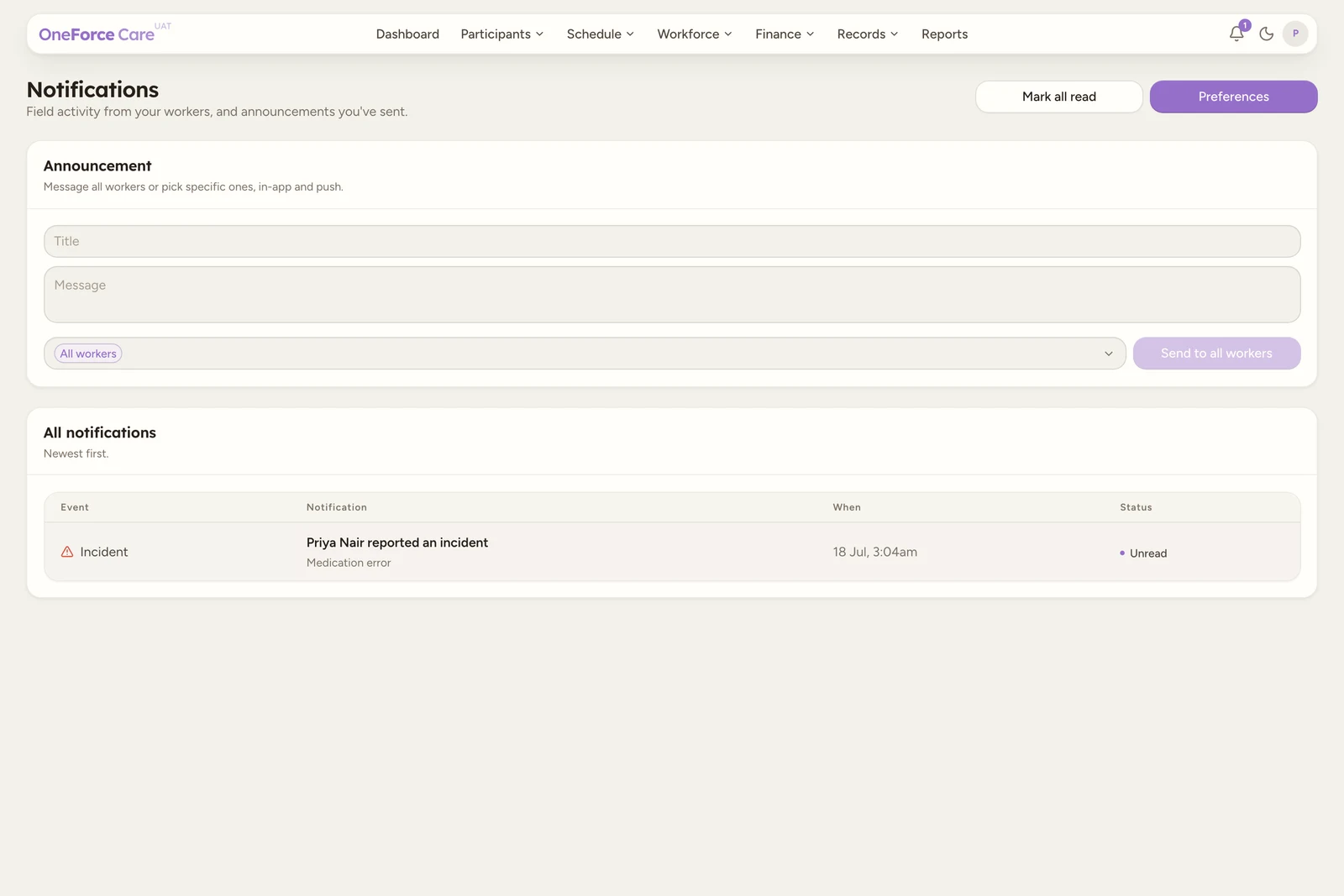 The Notifications page with Mark all read and Preferences buttons, an Announcement composer, and an All notifications table.