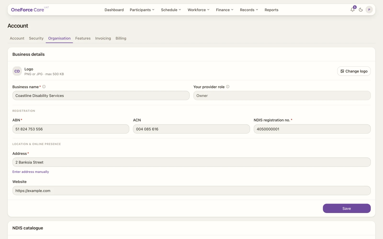The Organisation tab with business name, ABN, NDIS registration, website and address.