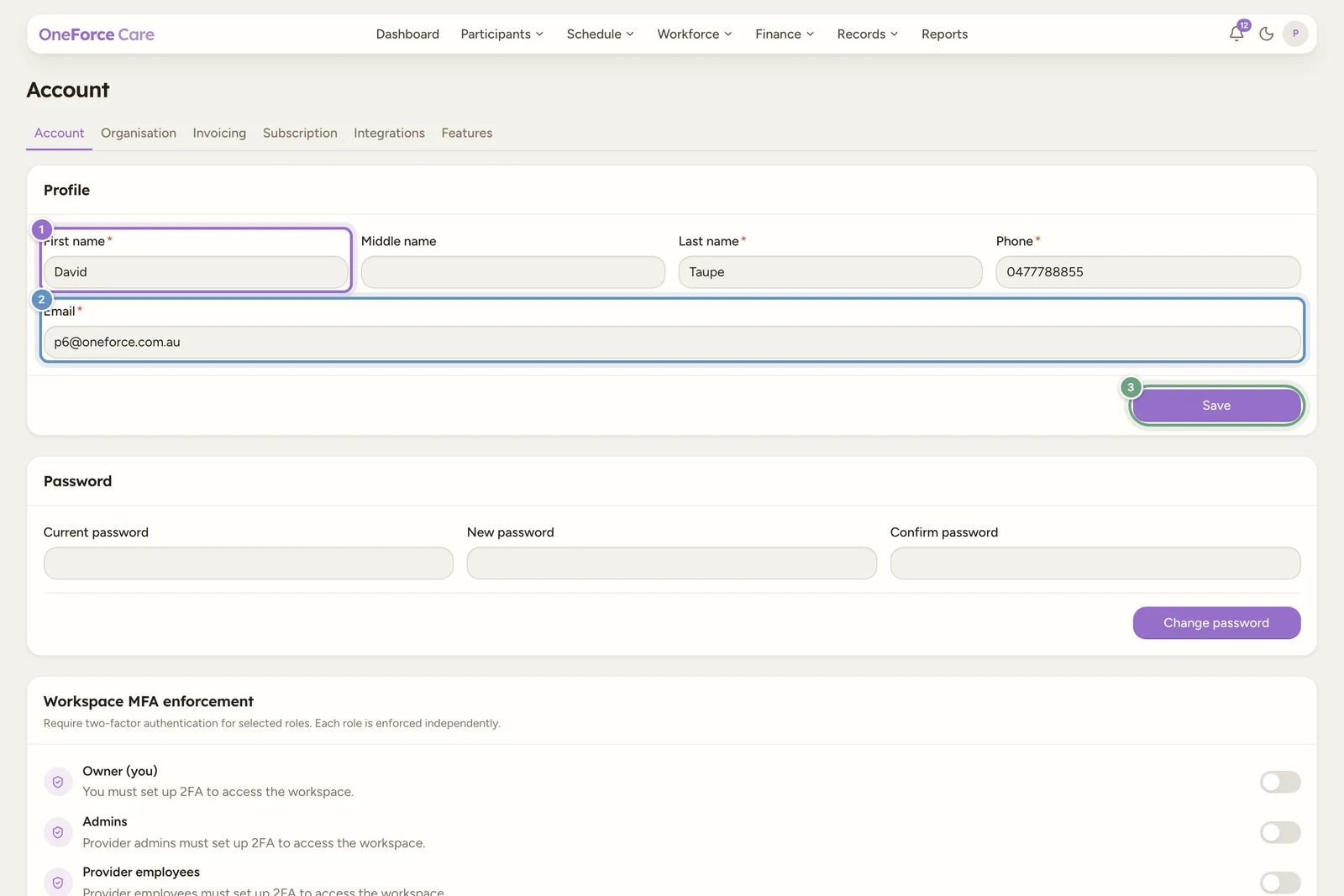 The Profile card on the Account tab with First name, Middle name, Last name, Phone and Email fields and a Save button.