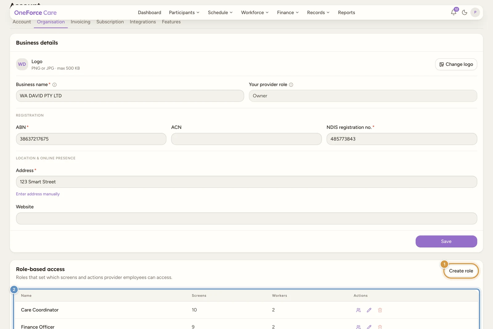The Role-based access section at the foot of the Organisation tab, with a Create role button and a table of Name, Screens, Workers and Actions.