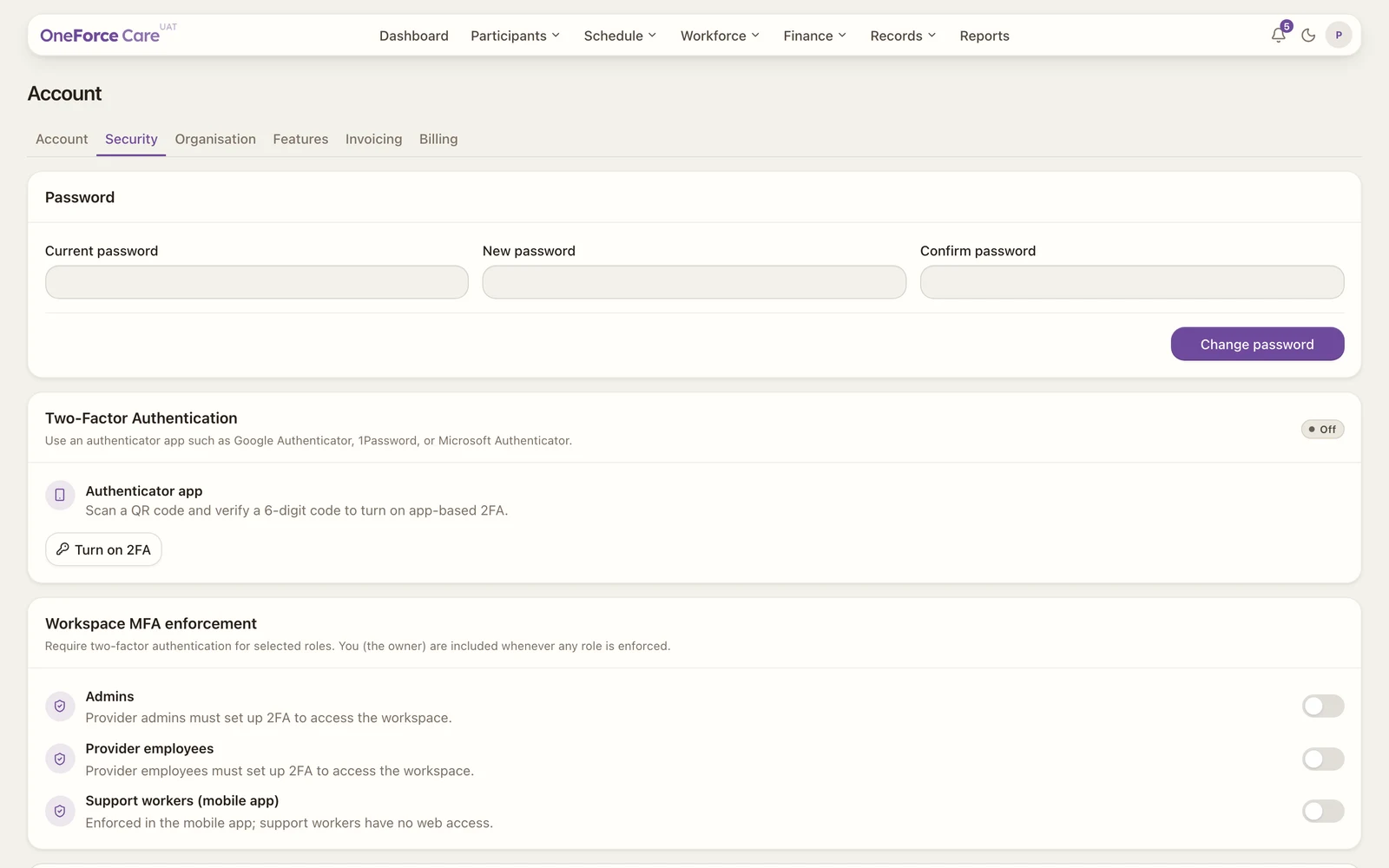 The Security tab with password change, two-factor authentication and role-based access.