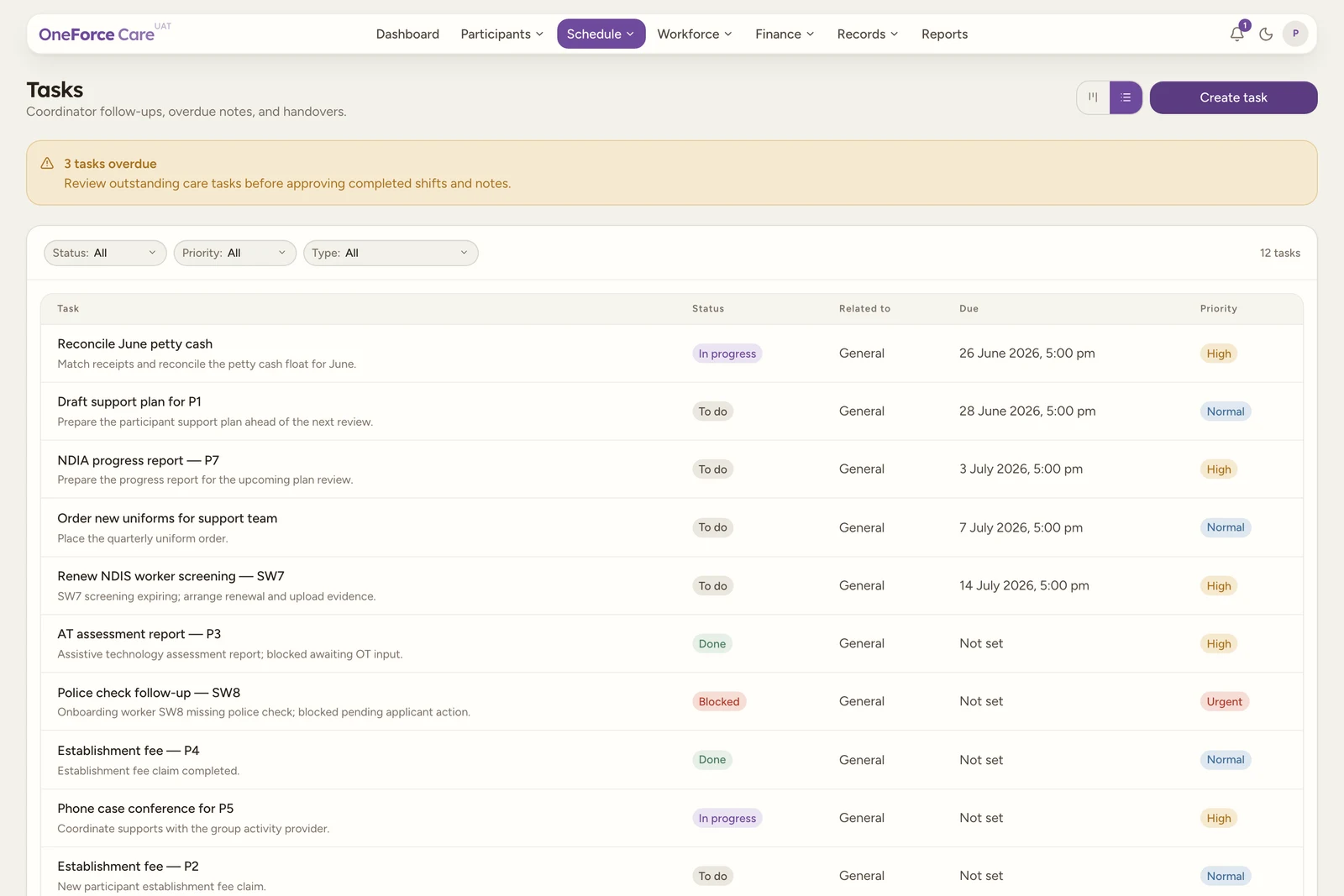 The Tasks page in table view: the view toggle and Create task button at the top right, an overdue tasks warning, Status, Priority and Type filters, and a table of tasks with Task, Status, Related to, Due and Priority columns.