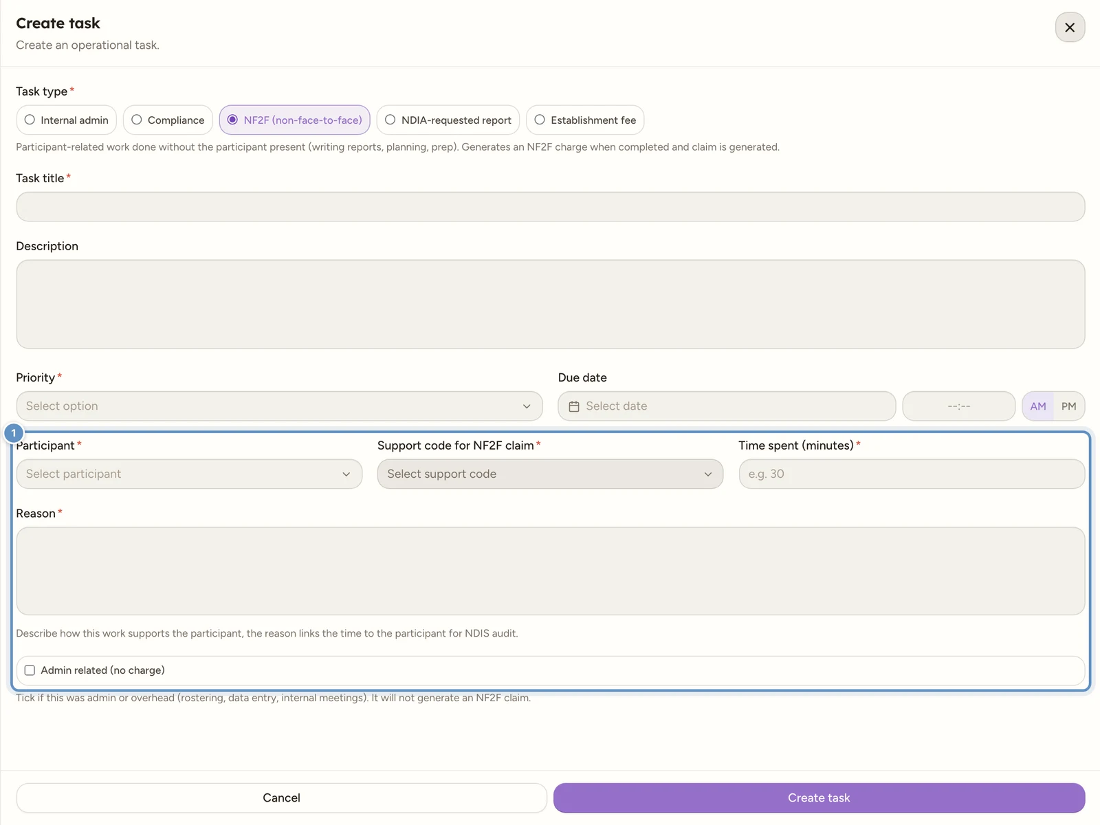 The Create task drawer with NF2F selected as the task type, showing the Participant, Support code for NF2F claim, Time spent, Reason and Admin related (no charge) fields below Priority and Due date.