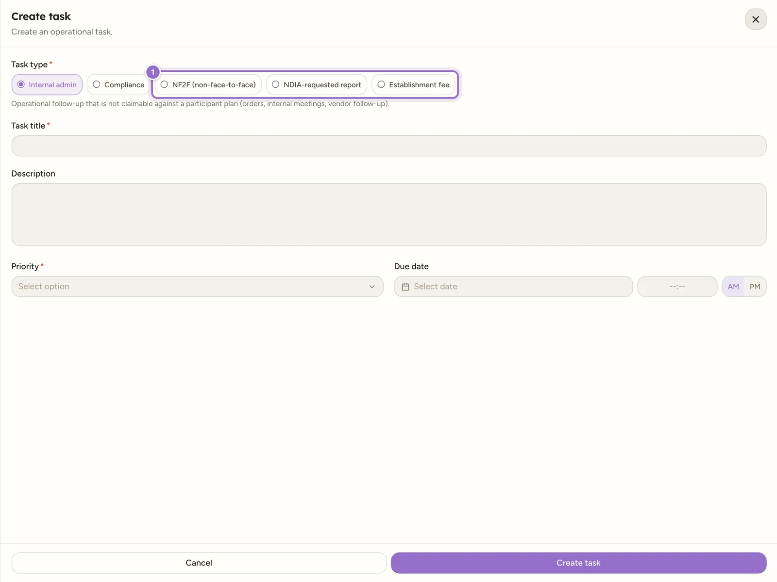 The Create task drawer with the Task type pills, the three rightmost pills (NF2F, NDIA-requested report and Establishment fee) being the claimable types.