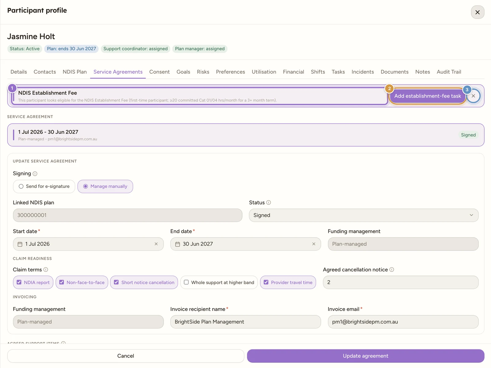 A participant's Service Agreements tab with the NDIS Establishment Fee bar at the top, above the service agreement register, showing its subtext, an Add establishment-fee task button and a bare X to dismiss.