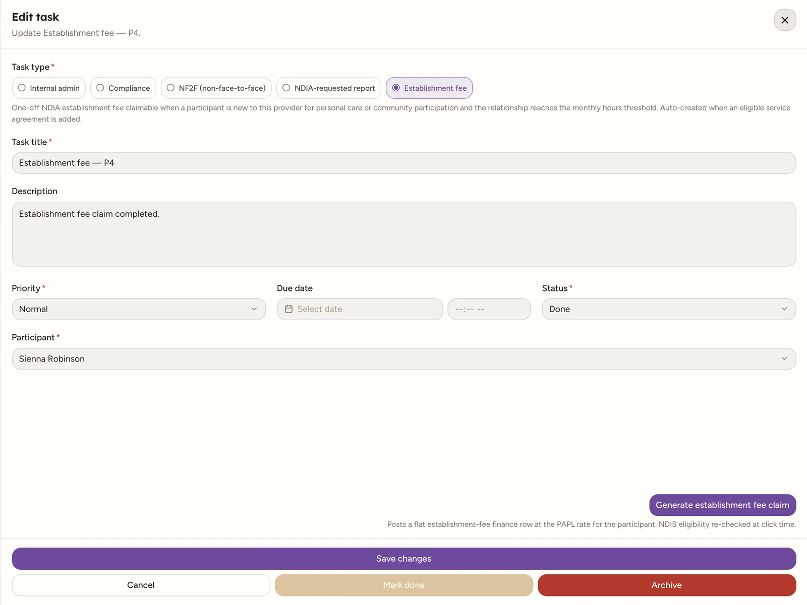 The Edit task drawer for an establishment-fee task, showing the Generate establishment fee claim button above the footer with its helper text: NDIS eligibility re-checked at click time.