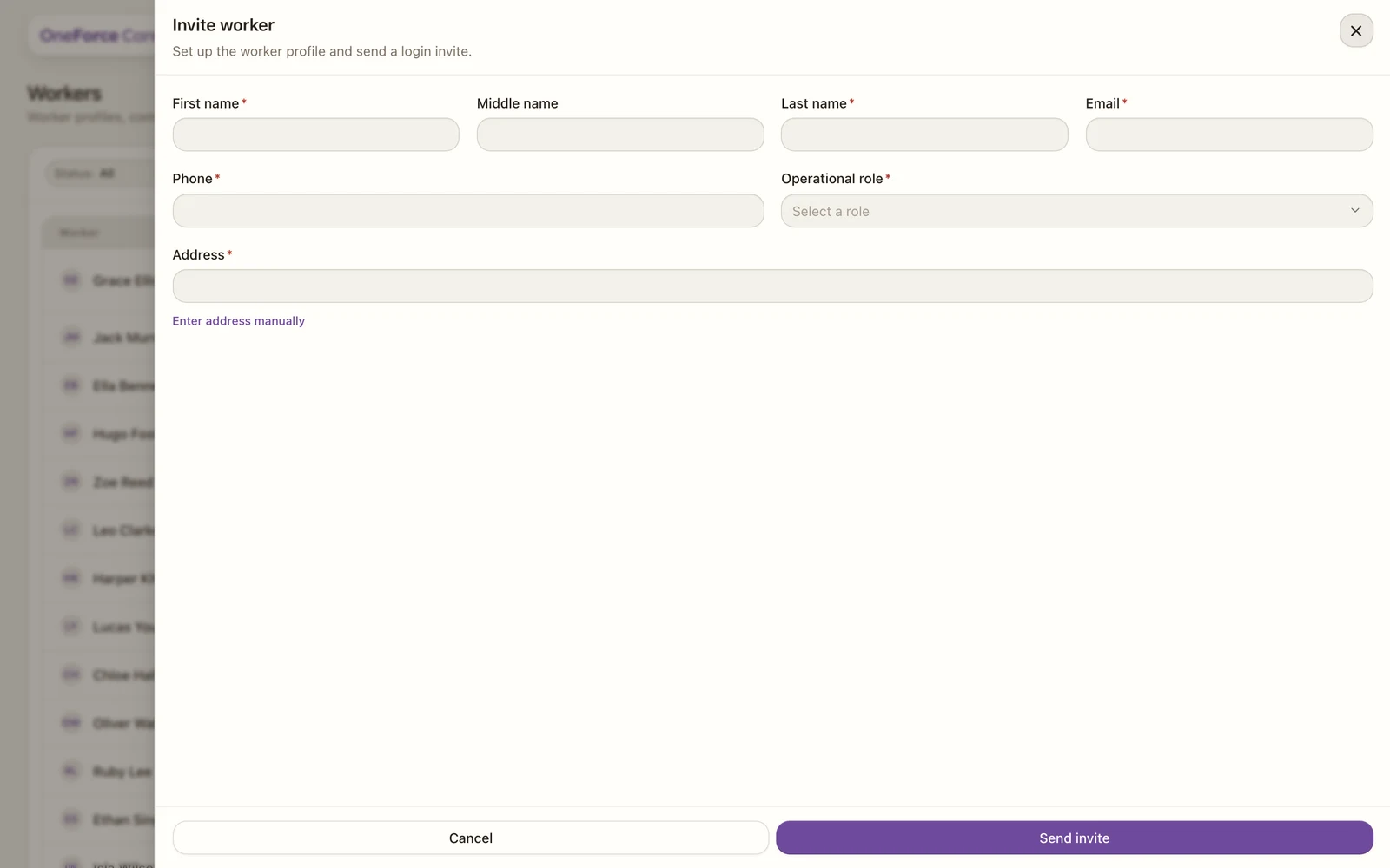 The Invite worker drawer with name, email, phone, operational role, address and support-worker identifier fields.