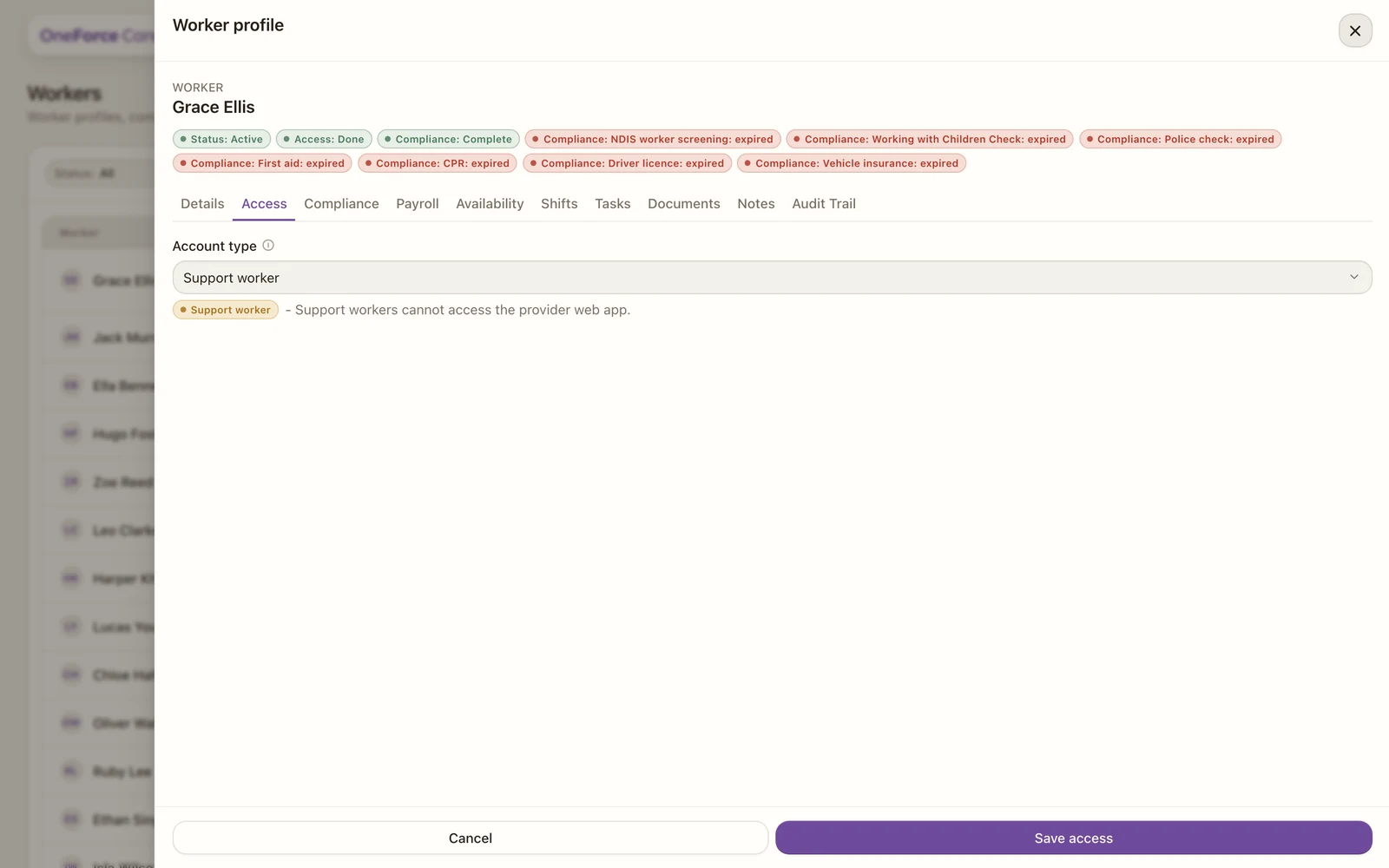 The worker Access tab with the account type selector and access role.