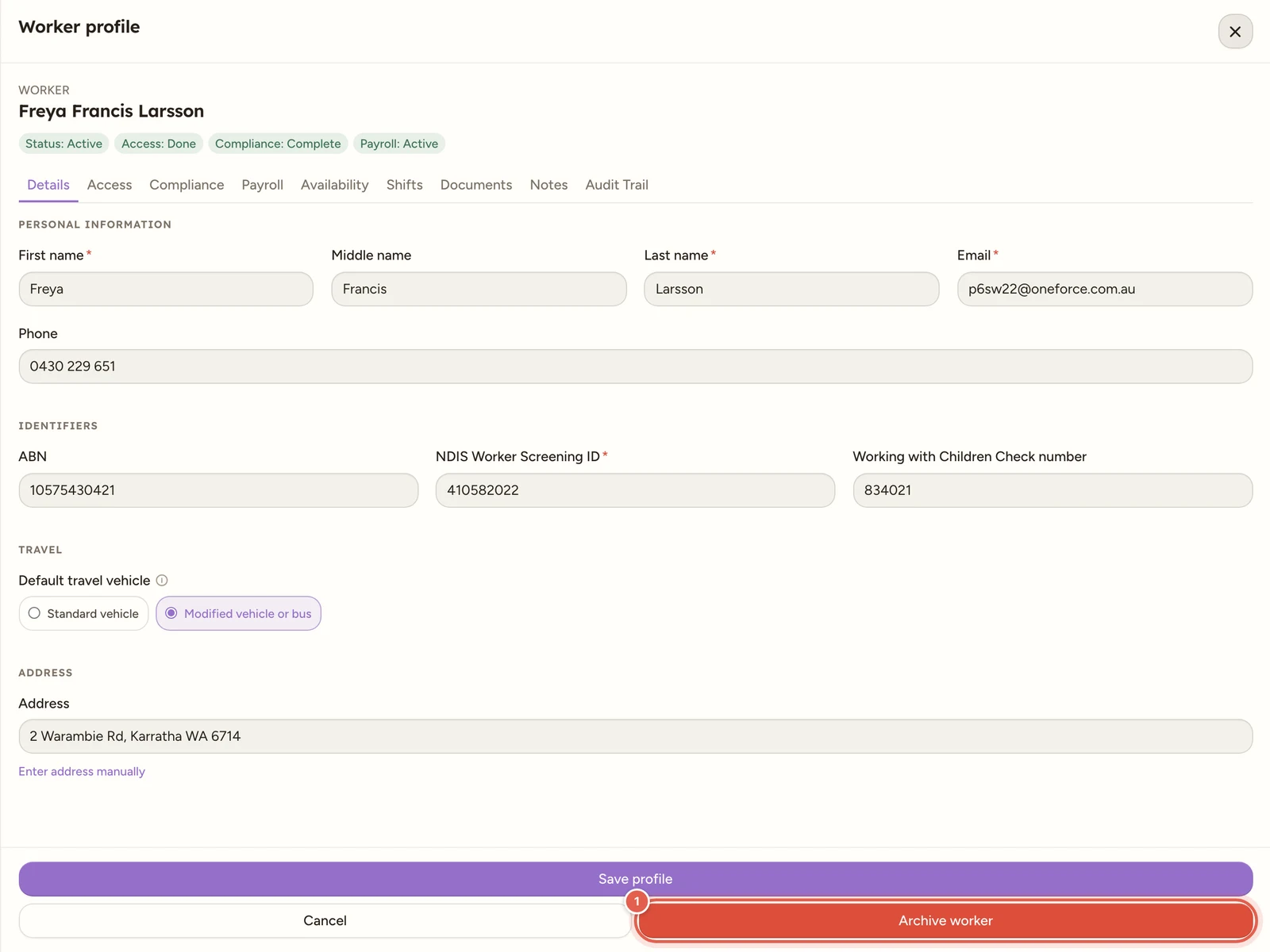 The worker Details tab with the Archive worker action at the bottom right, beside Cancel and Save profile.