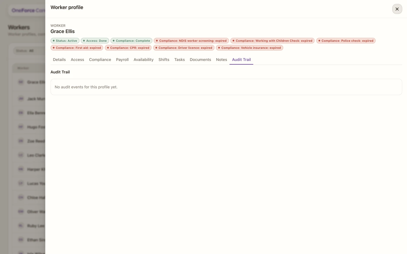 The worker Audit Trail tab listing changes with the event, who made it and when.