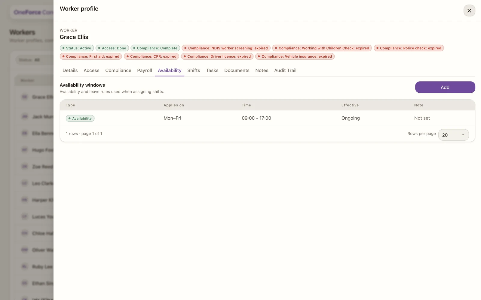 The worker Availability tab listing availability and leave rules with their day pattern, time and period.