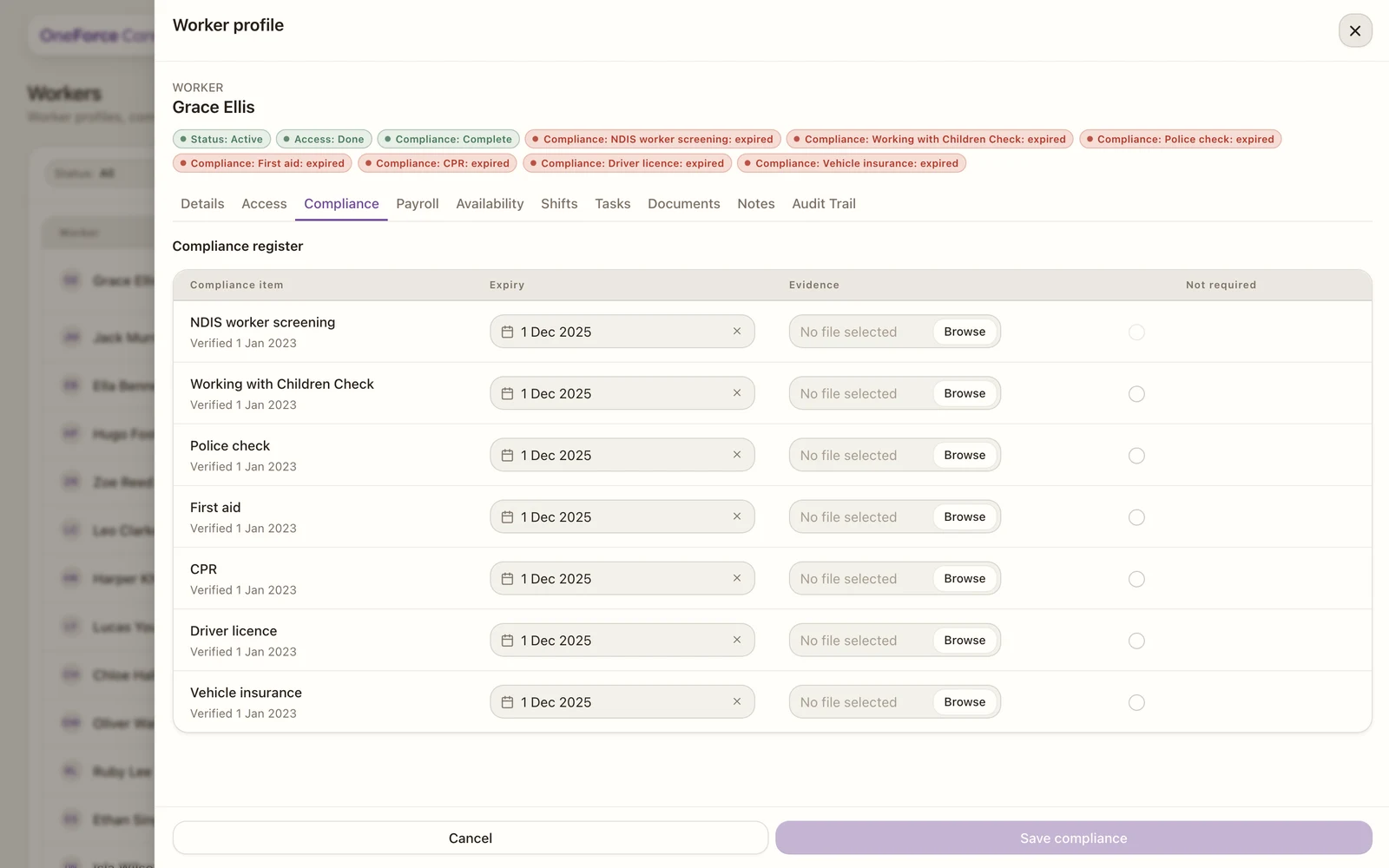 The worker Compliance tab listing each credential with an expiry date, evidence upload and a Not required checkbox.