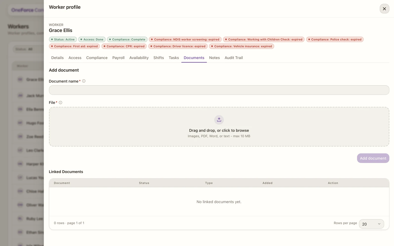 The worker Documents tab with an upload form and a table of attached documents.