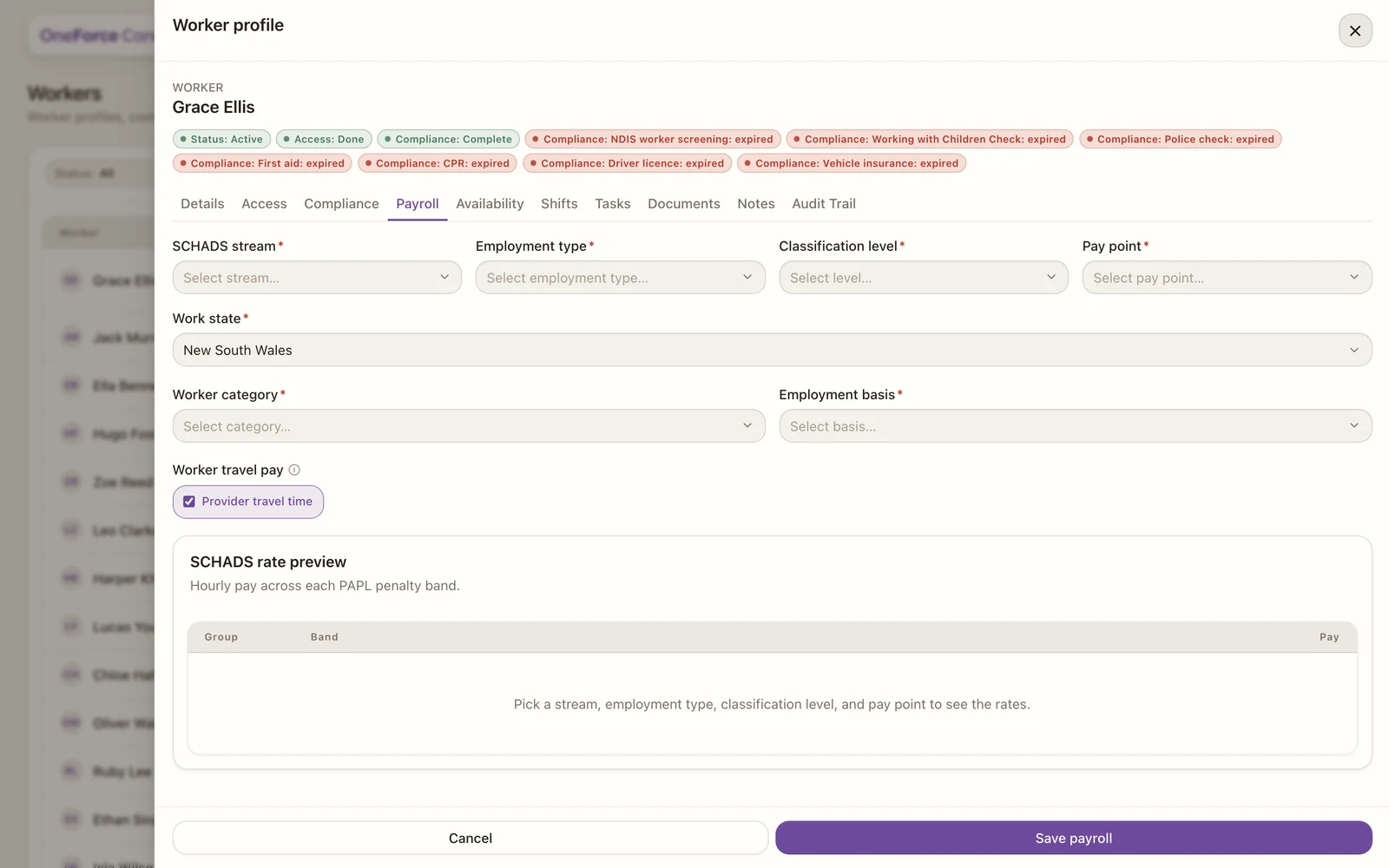 The worker Payroll tab with SCHADS stream, employment type, level, pay point, work state and employment category fields, and a rate preview.