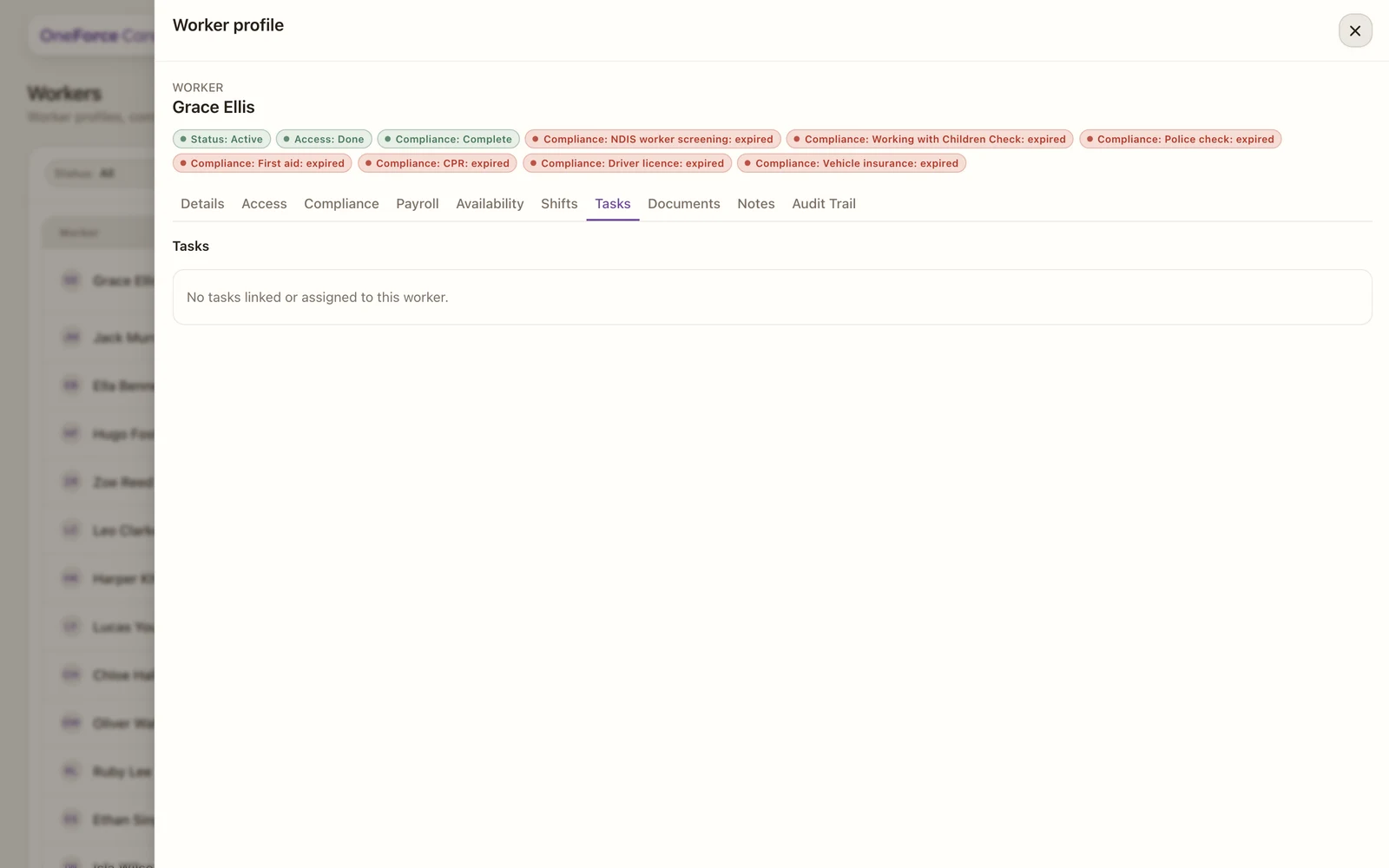 The worker Tasks tab listing tasks with status, due date, priority and how they connect to the worker.
