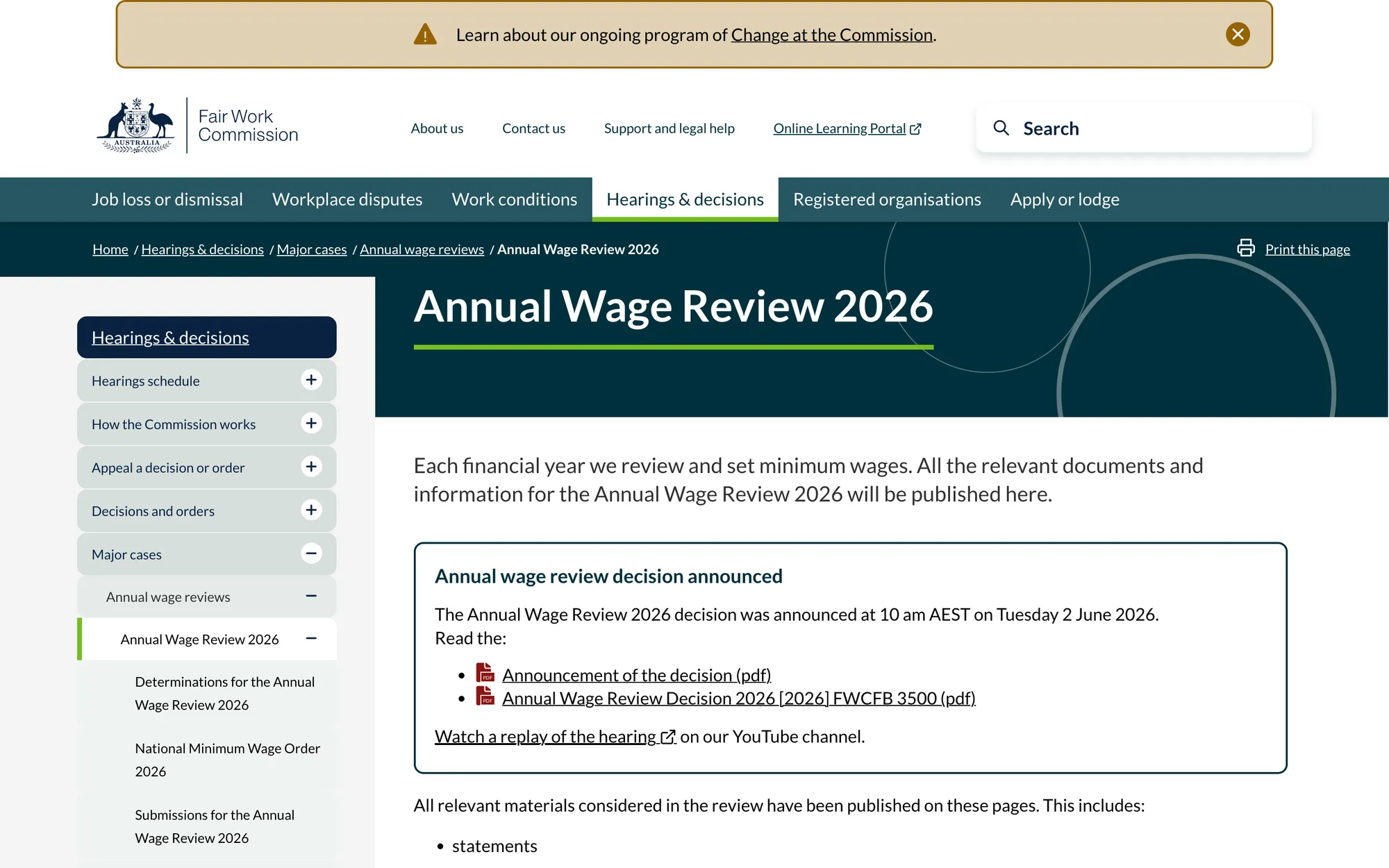 The Fair Work Commission's Annual Wage Review 2026 page with the decision announcement dated 2 June 2026.