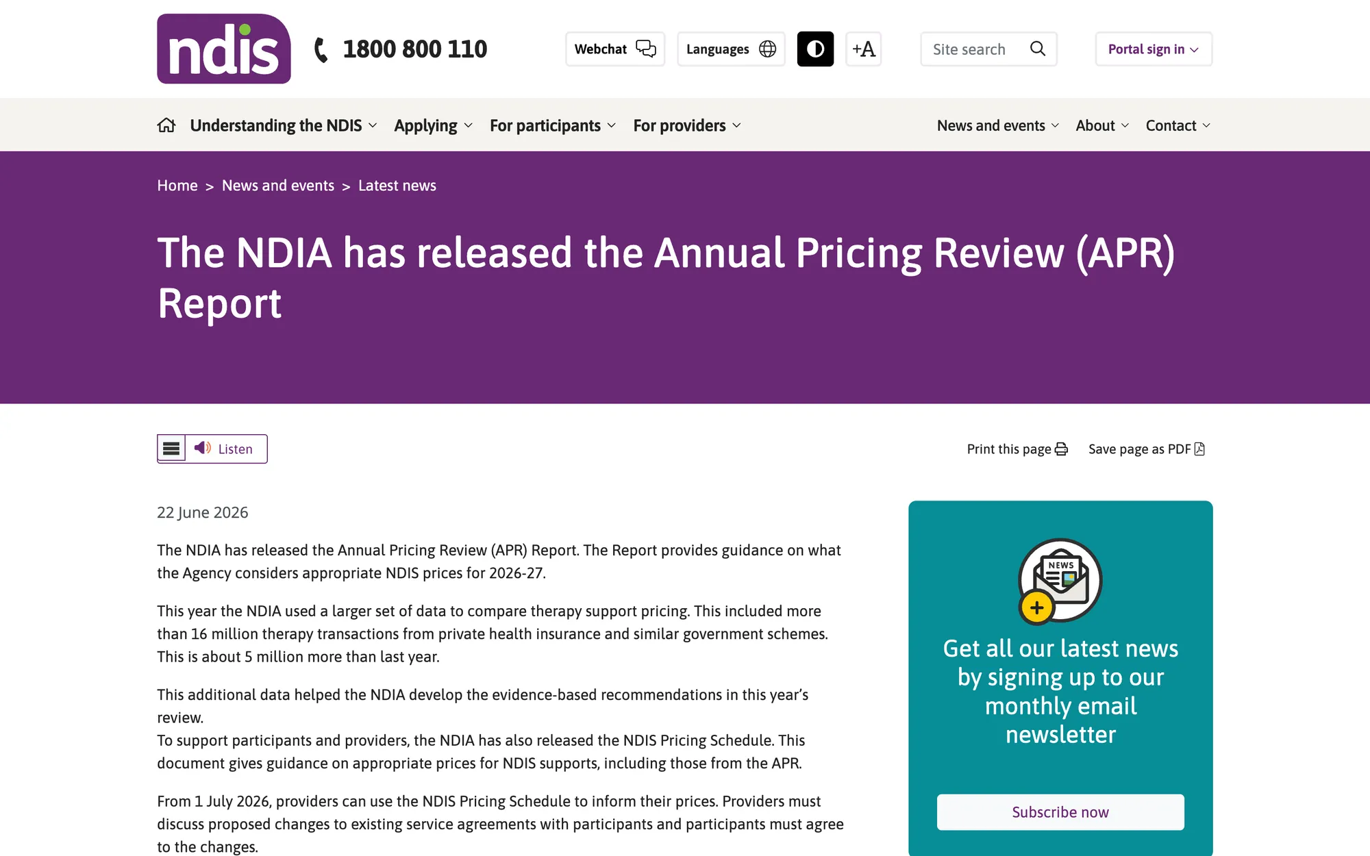The NDIA news article announcing the release of the Annual Pricing Review report, dated 22 June 2026.